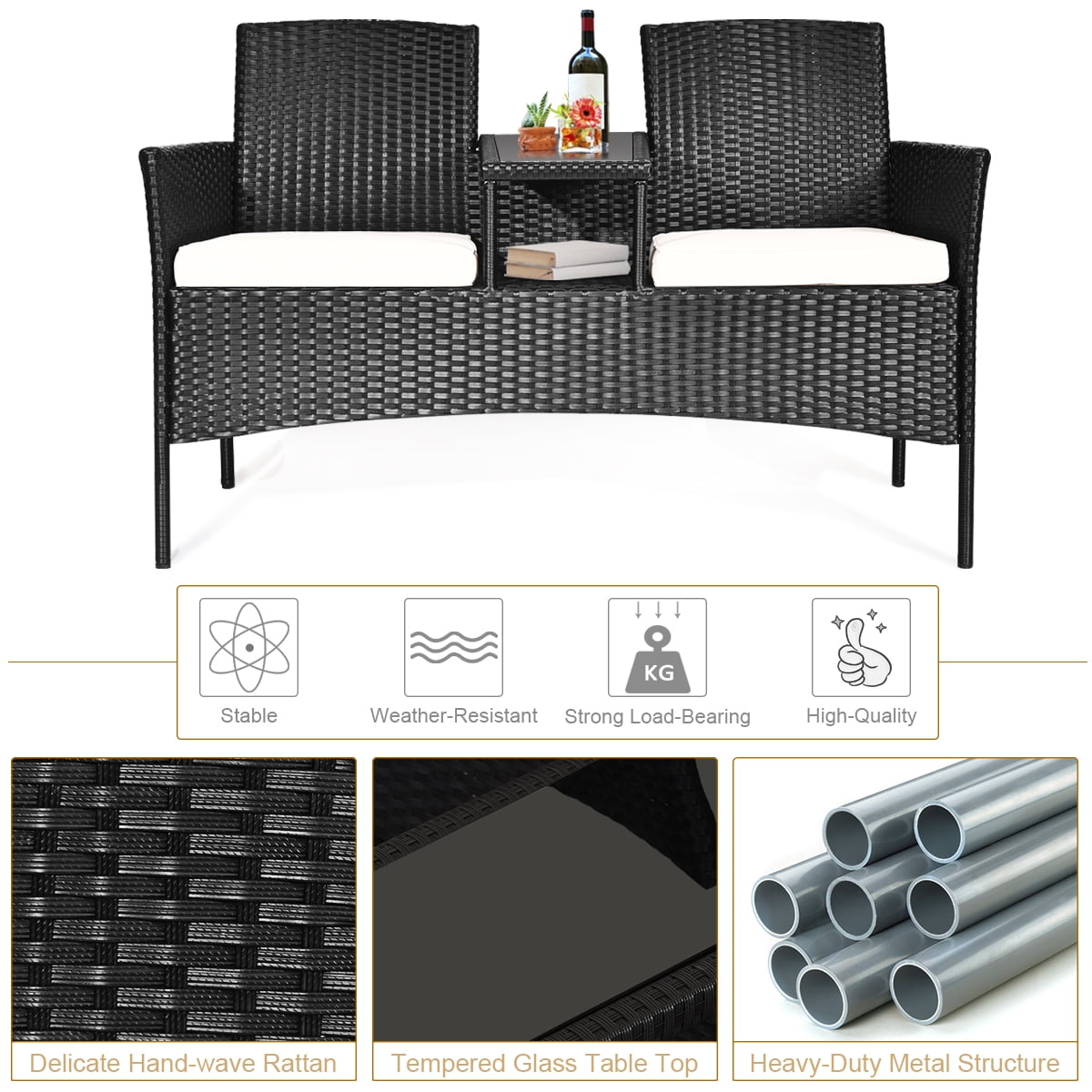 Costway Patio Rattan Conversation Set Seat Sofa Cushioned Loveseat Glass Table Chairs - Image 7
