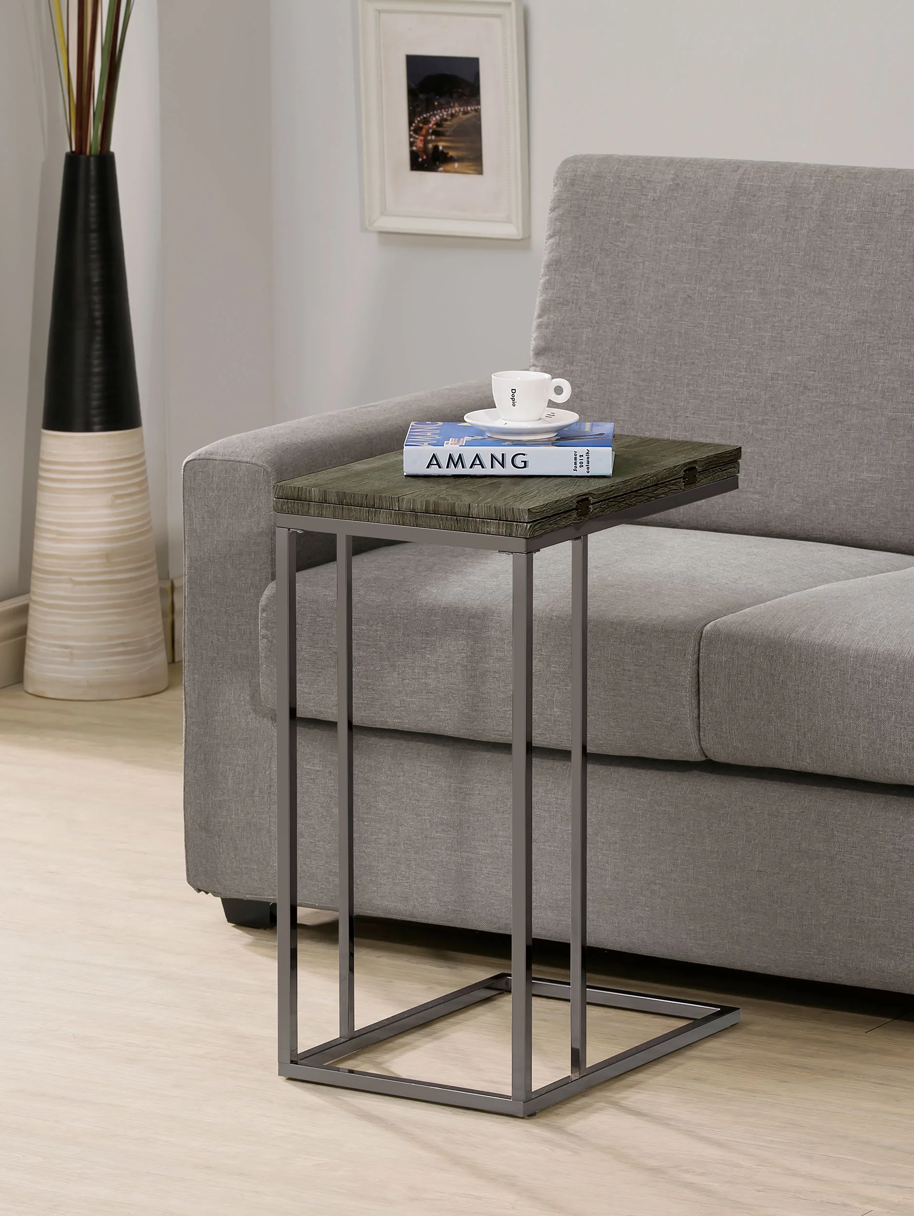 Pedro Expandable C-Shaped Sofa Side Table Weathered Grey - Image 2