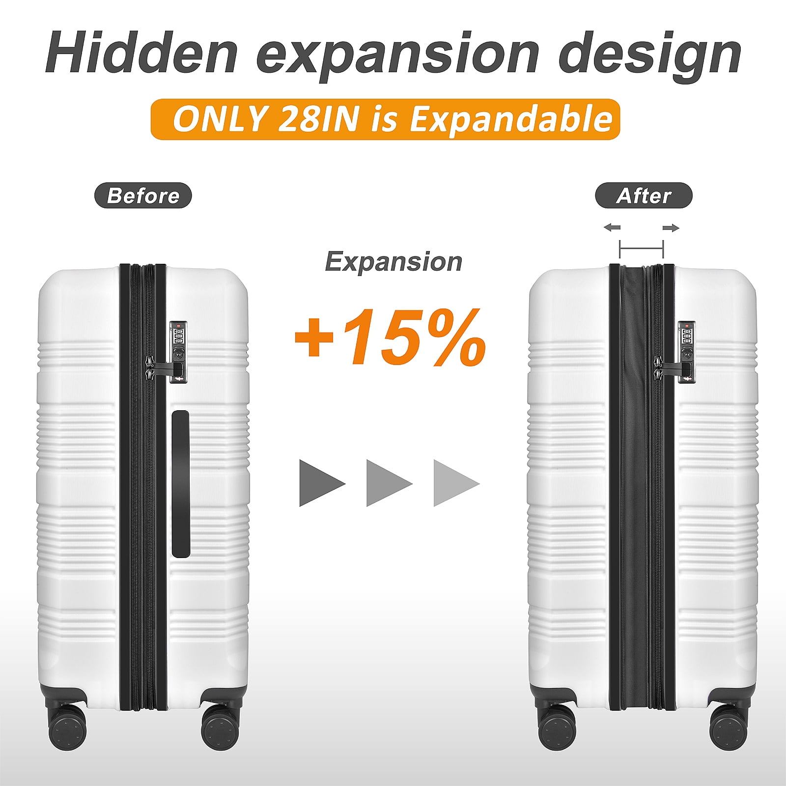 JZRTravel 24 Inch Checked Luggage Hardshell PC+ABS Suitcase Trolley Case with Removable Spinner Wheels Built-in TSA Lock, White - Image 6