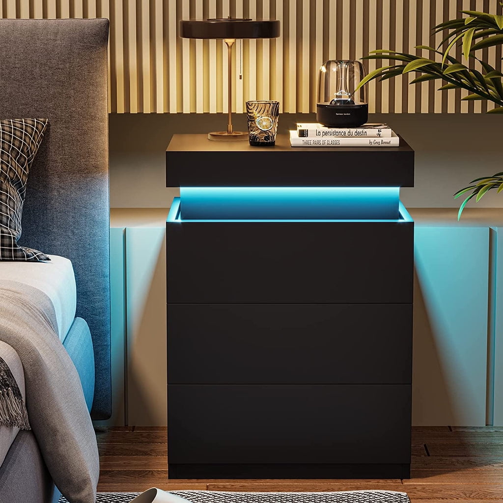 MONVANE Modern LED Nightstand with 3 Drawers , Black Nightstand Bedside Table Storage with Drawer Charging Station for Bedroom - Image 8