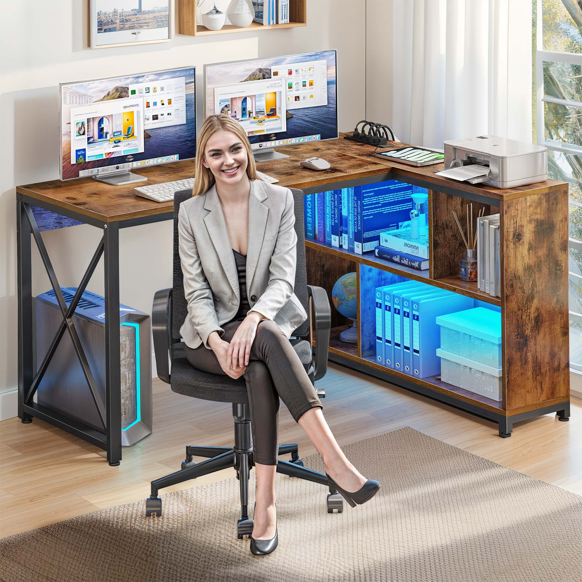 Dextrus L Shaped Desk with LED Light & Power Outlets, 55 Inch Reversible Corner Desk with Storage Shelves, Computer Desk Office Desk Executive Desk Writing Desk for Home Office, Brown - Image 8