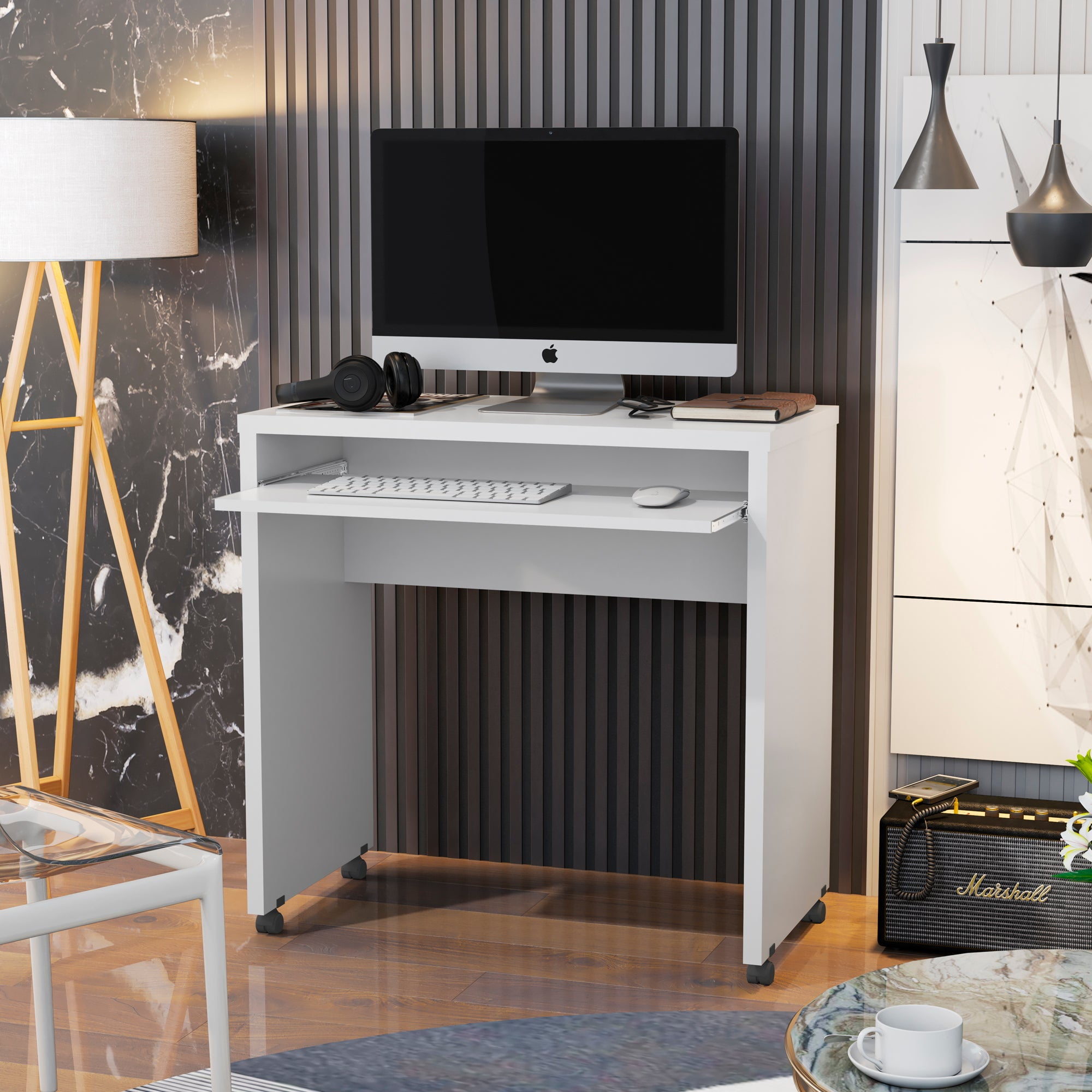 Boahaus Kyoto Mobile Computer Desk with Keyboard Tray and Wheels, White, for Adults - Image 6