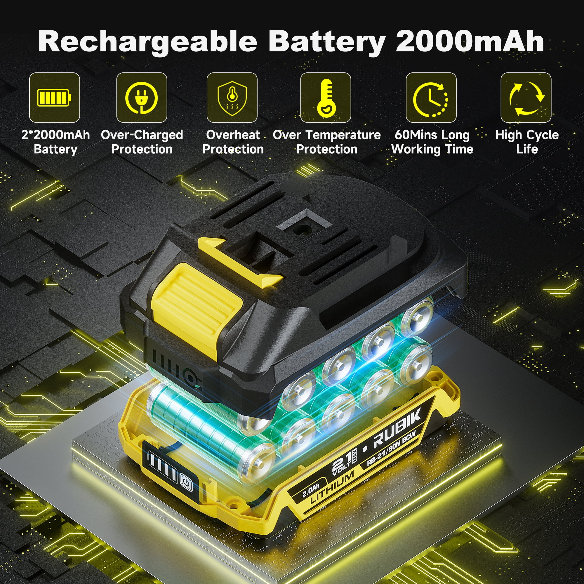 RUBIK Brushless 21V Cordless Drill Driver Kit - Max 50Nm Impact Drill, 2x 2000mAh Batteries, 3/8” Keyless Chuck & LED Light, 450 In-lb Torque, 20+3 Clutch, 2-Variable Speed and Fast charge - Image 3