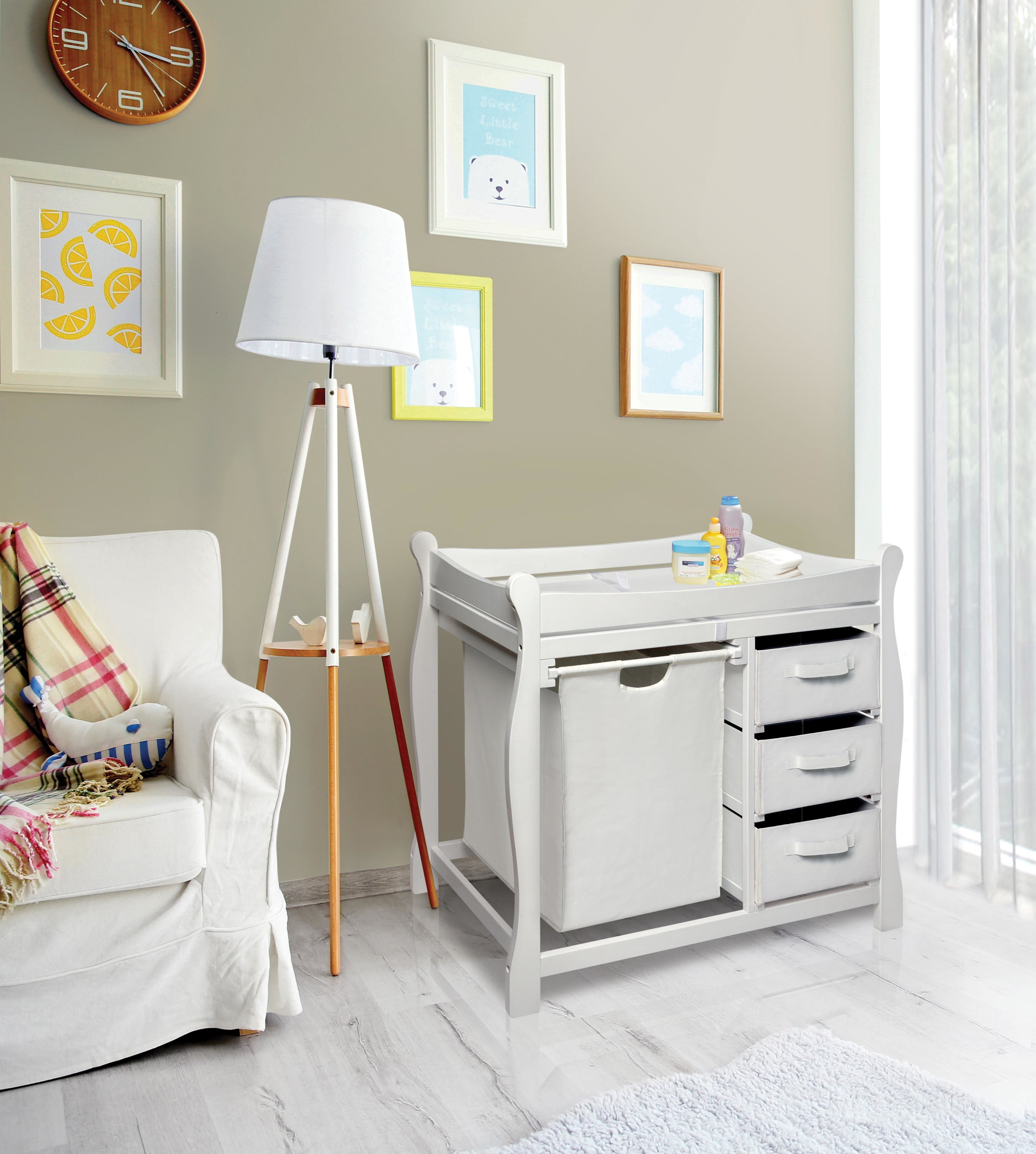 Badger Basket Sleigh Style 3 Drawers Diaper Changing Table with Hamper and Baskets, White - Image 3