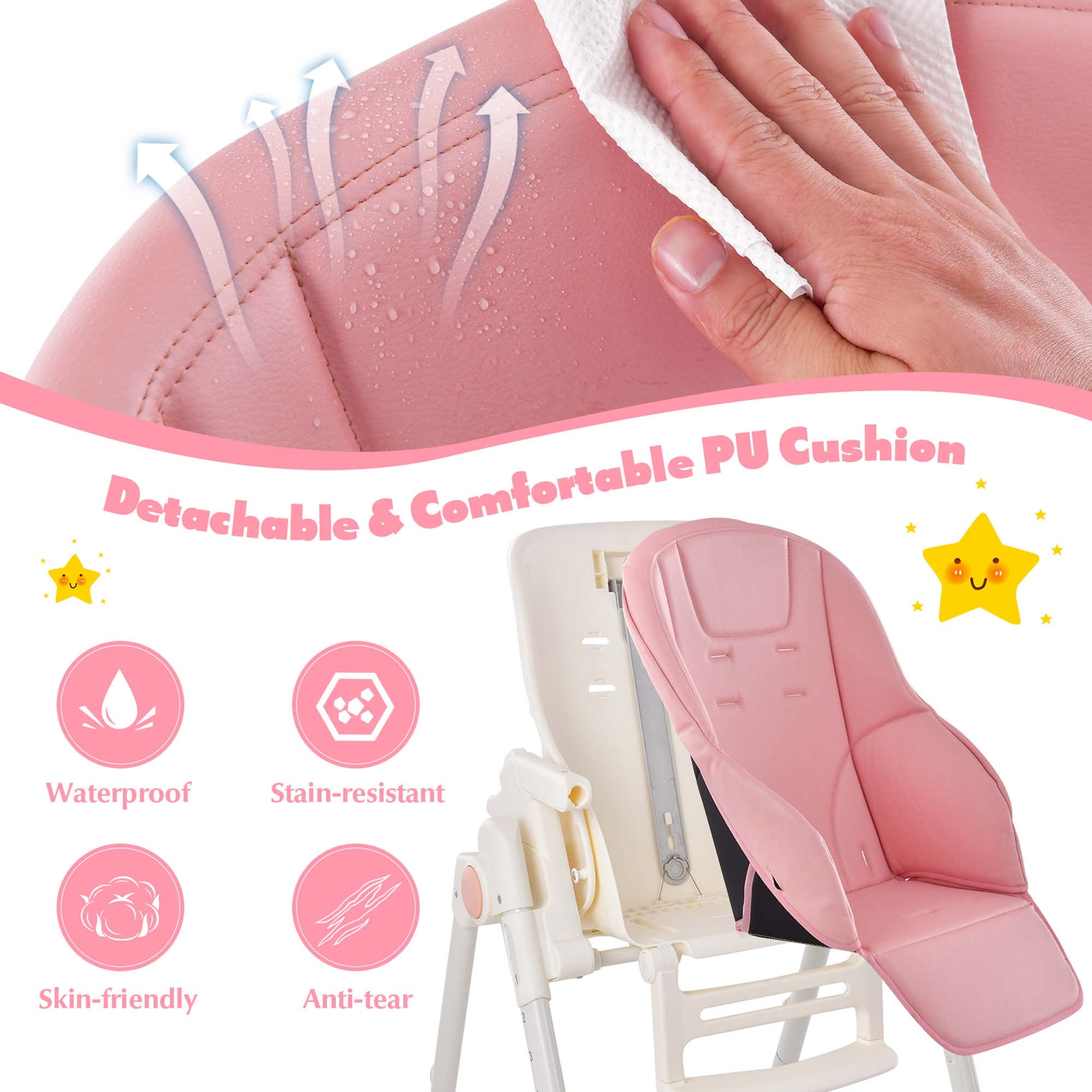 Babyjoy Foldable Highchair Baby Feeding Chair with 360° Rotating Wheels & Height Adjustment Pink - Image 6