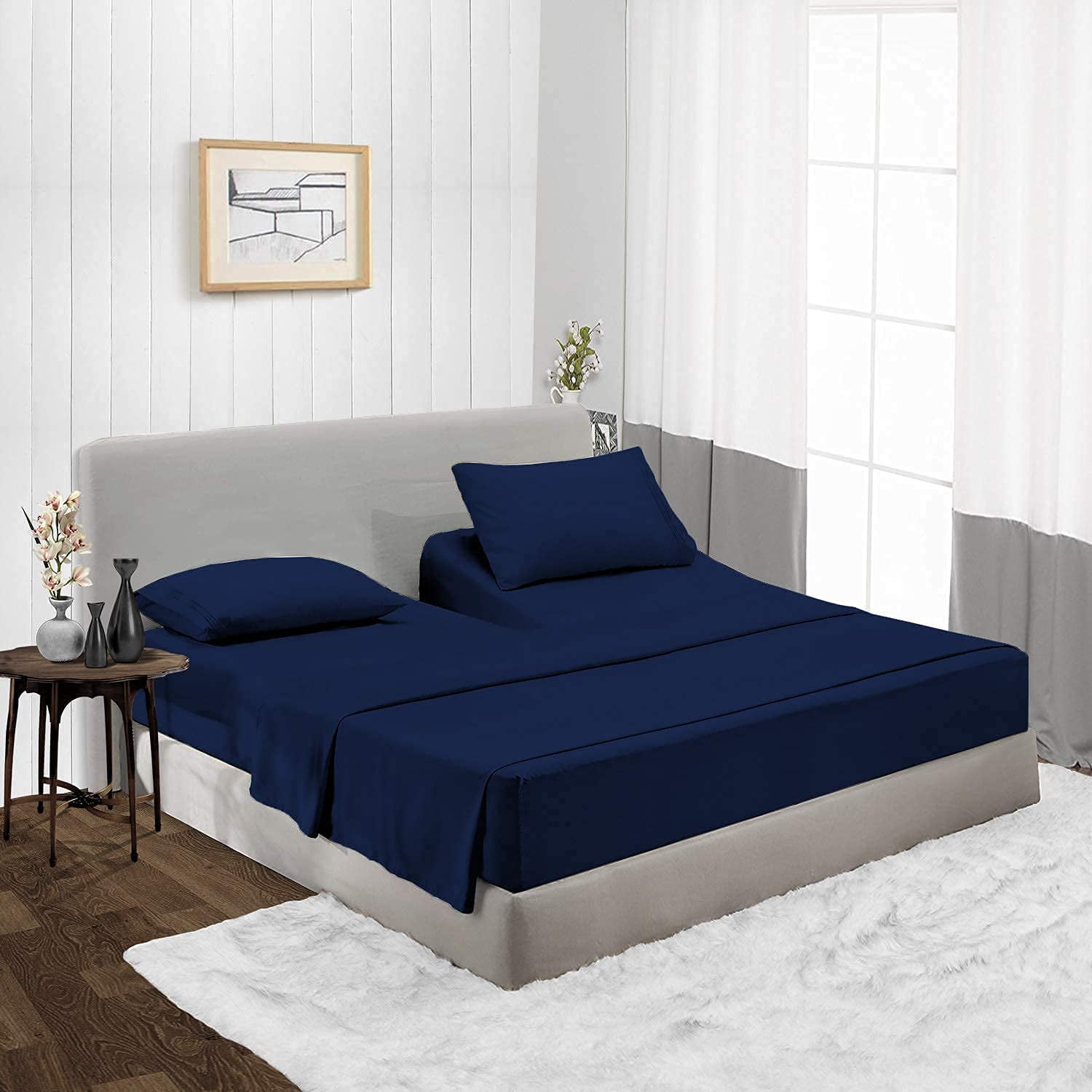 Top Split-King: Adjustable King Bed Sheets - 4PC Bed Sheet Set - 100% Egyptian Cotton - 800 Thread Count - 15 Inch Deep Pocket, Top Split King, Navy Blue Solid - Split Down 28 inches from The top - Image 2