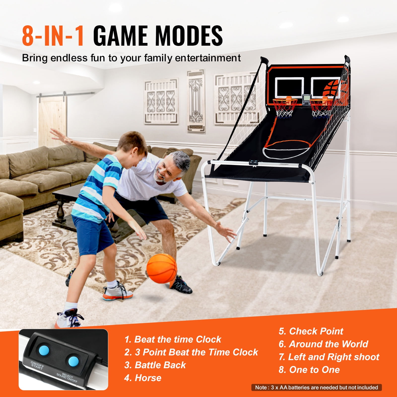 KFFKFF Foldable Basketball Arcade Game, 8 in 1 2 Players 4 Balls Indoor Double Shot Basketball Arcade Game w/ Electronic Scoreboard, 56x33x63 in - Image 2