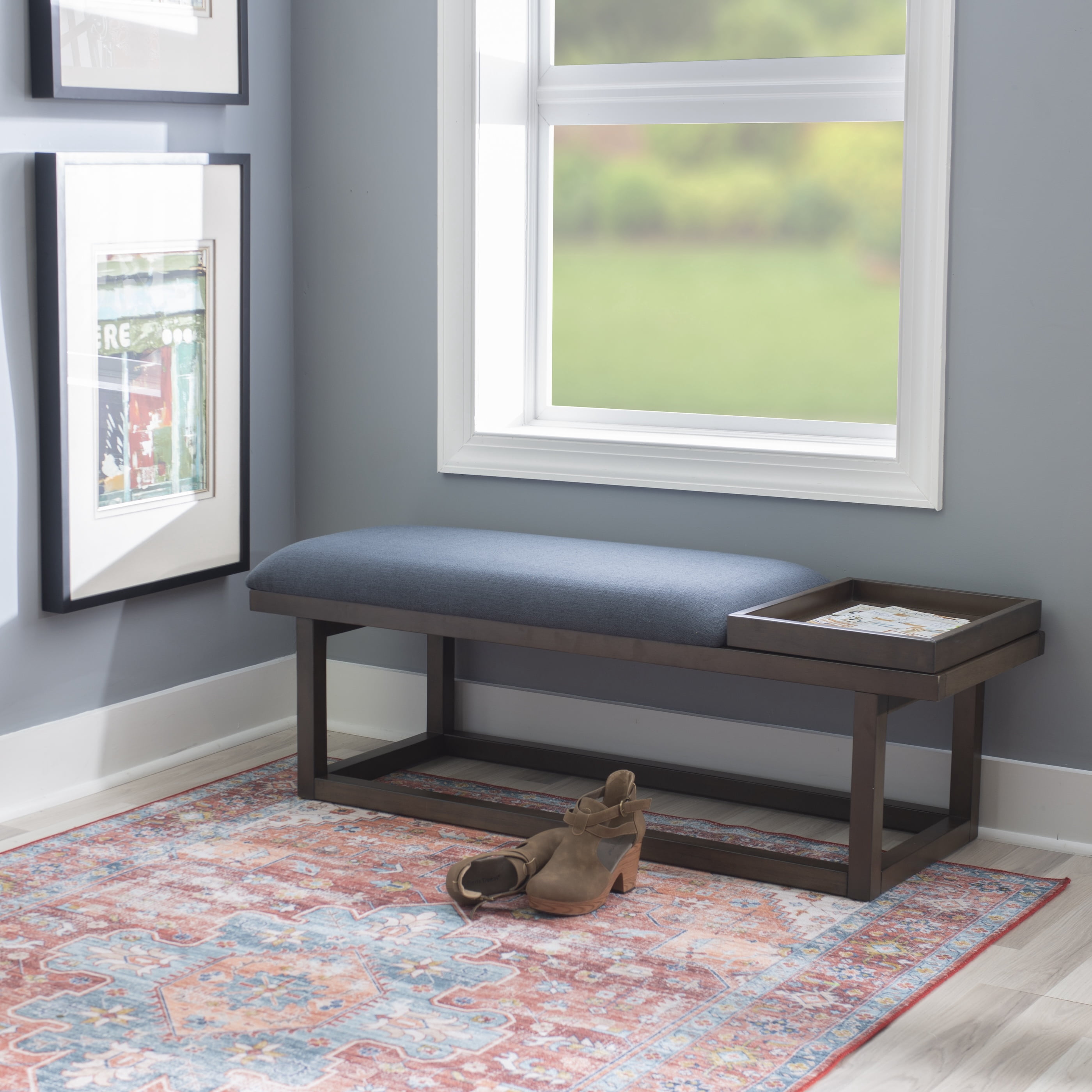 Powell Mickle Upholstered Bench with Built-In Tray, Brown/Navy - Image 5