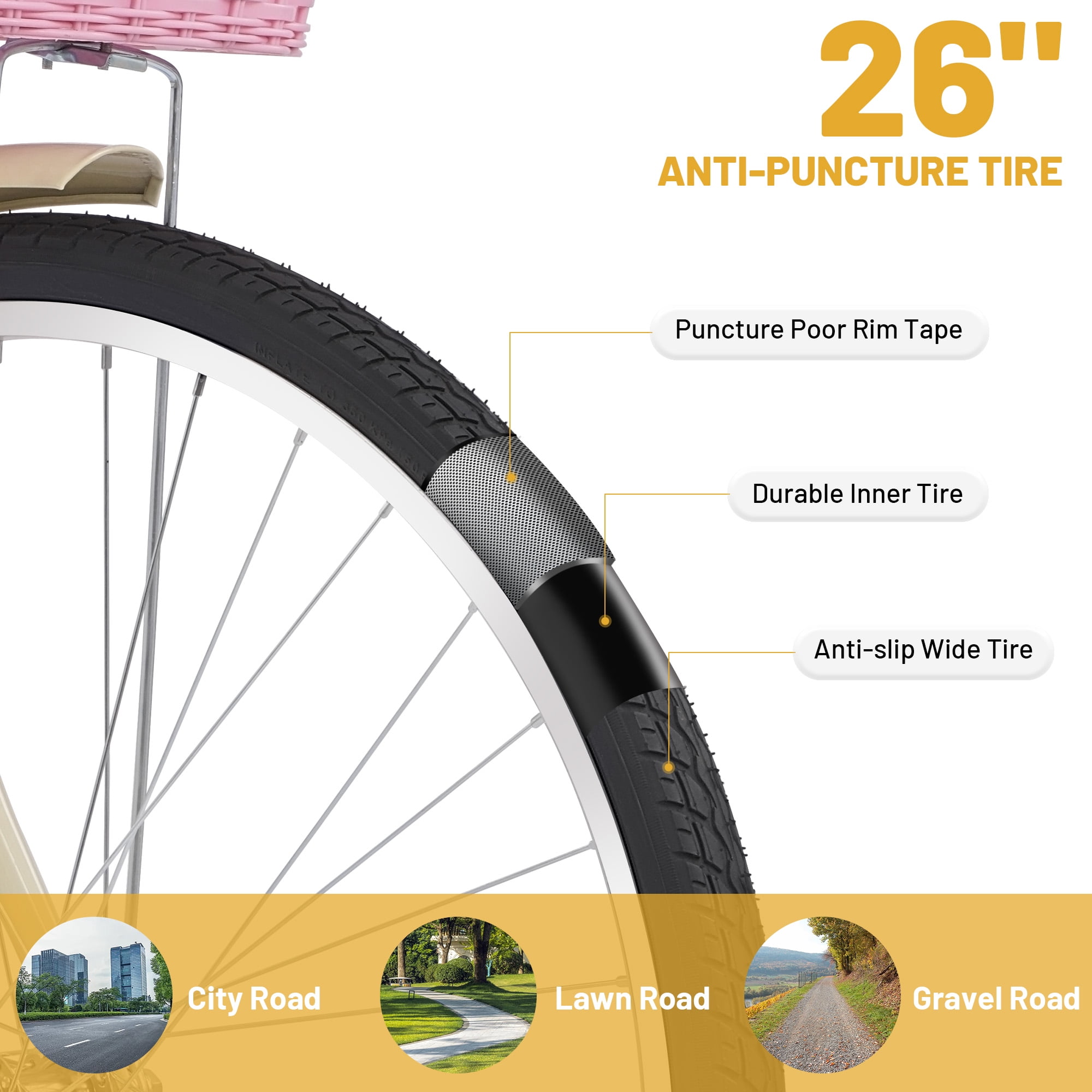 ARVAKOR 26" Cruiser Bike, 7 Speed Bicycle Hybrid Bikes for Women Girls Ladies, Yellow - Image 4