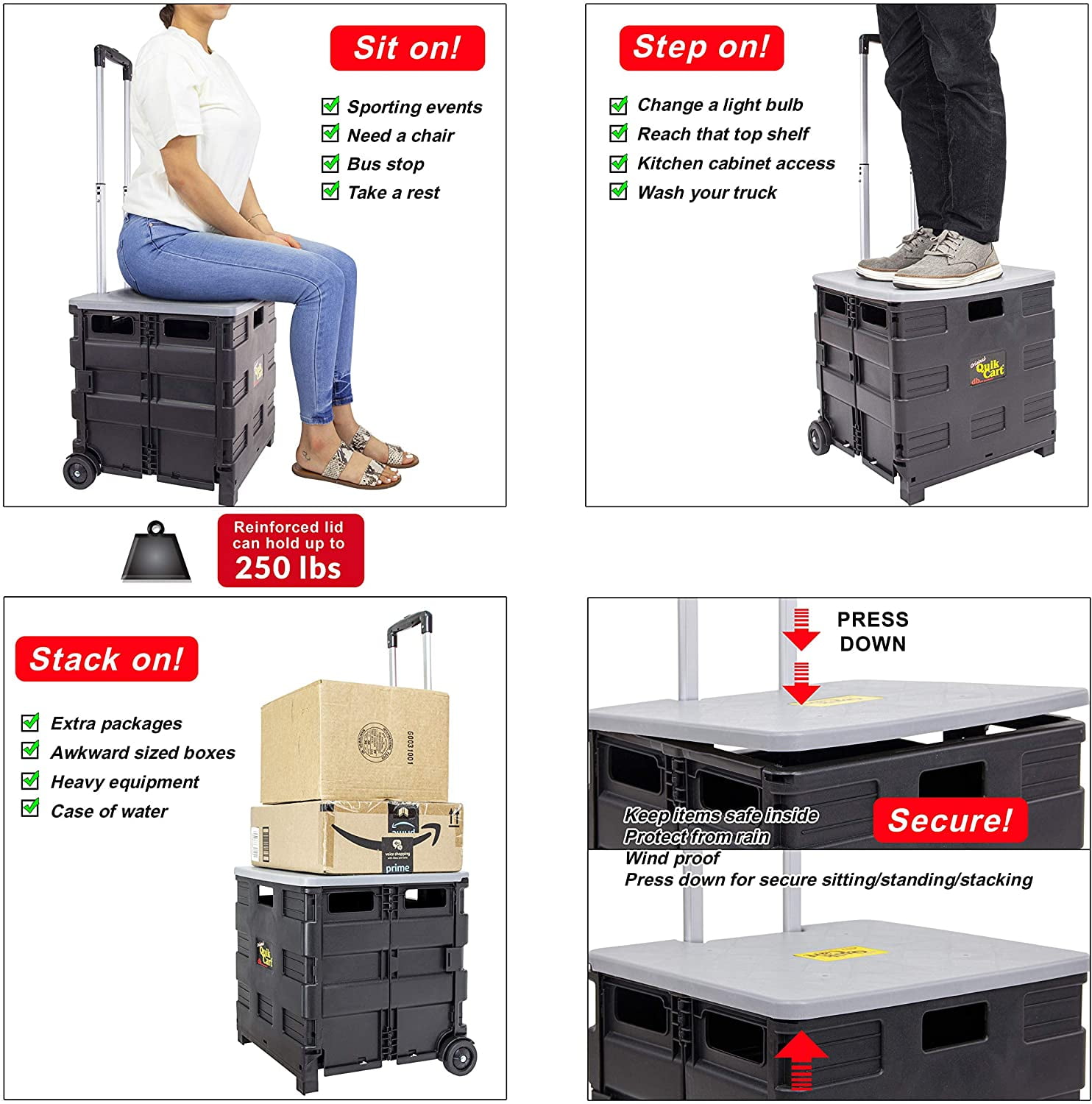 dbest products Quik Cart Collapsible Rolling Crate on Wheels for Teachers Tote Basket 80 lbs Capacity, Made from Heavy Duty Plastic and Used as a Seat, Grey - Image 5