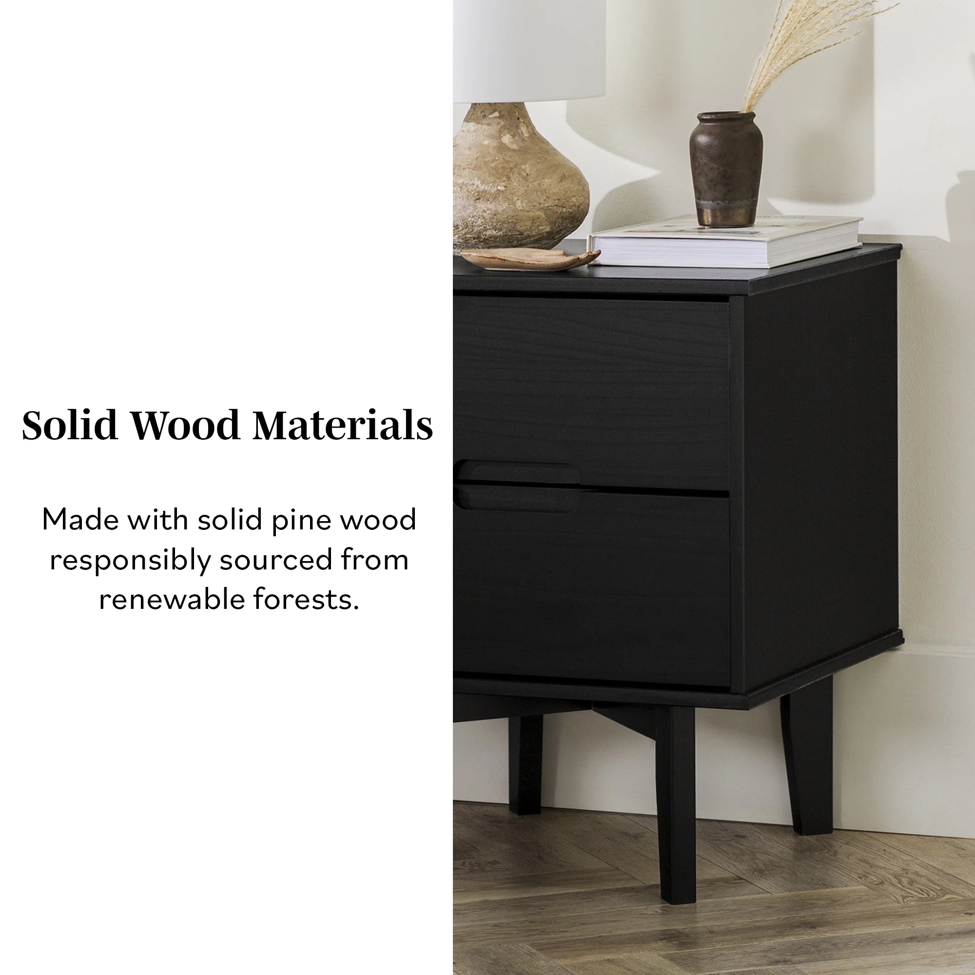 Walker Edison Set of 2 Mid-Century Modern 2-Drawer Nightstands, Black - Image 5