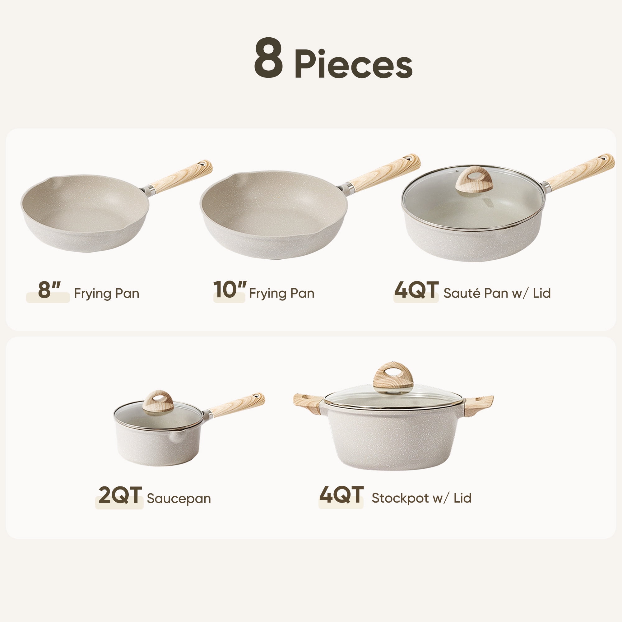 Carote Nonstick Cookware Set 8-Piece,Kitchen Pots and Pans Set,Stay-Cool Handles,Induction Compatible,Cookware Set for RV and Camping,Beige - Image 2