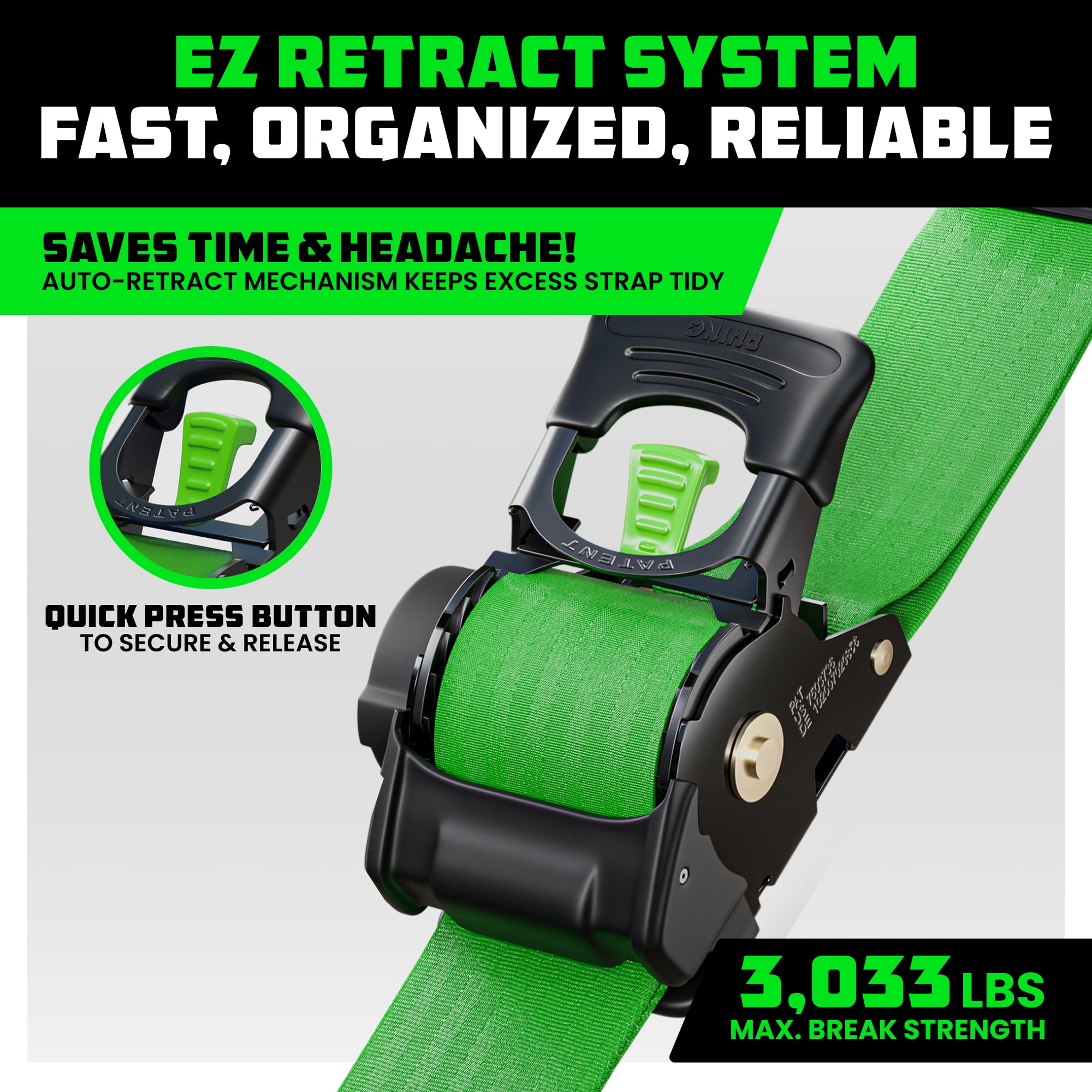 Rhino USA Heavy Duty 2" x 10' Retractable Ratchet Straps 3,033lb Break Strength (Green 2-Pack) - Image 2