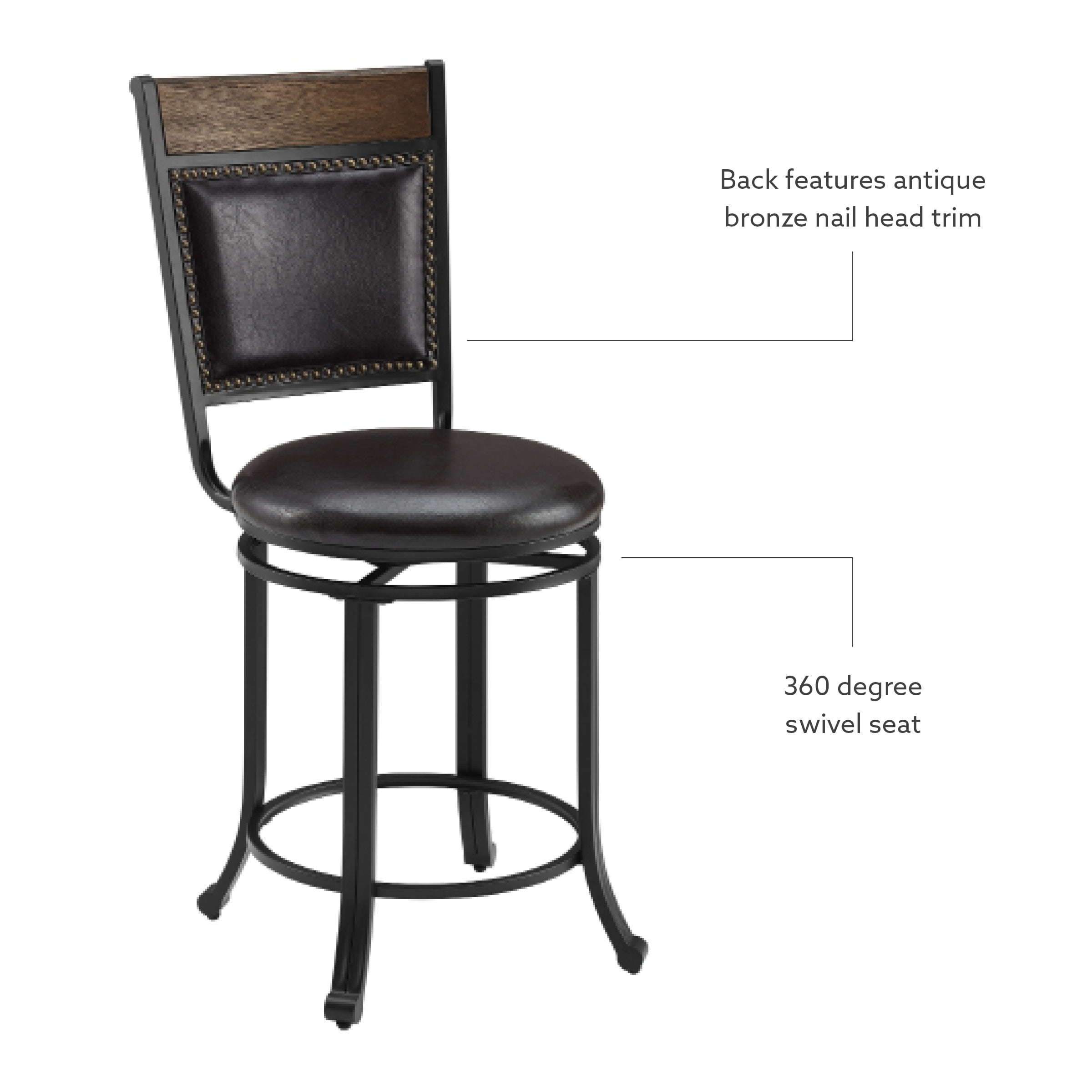 Powell Holloway 24" High Back Indoor Rund Metal Counter Stool with Swivel, Black/Dark Brown Faux Leather - Image 10