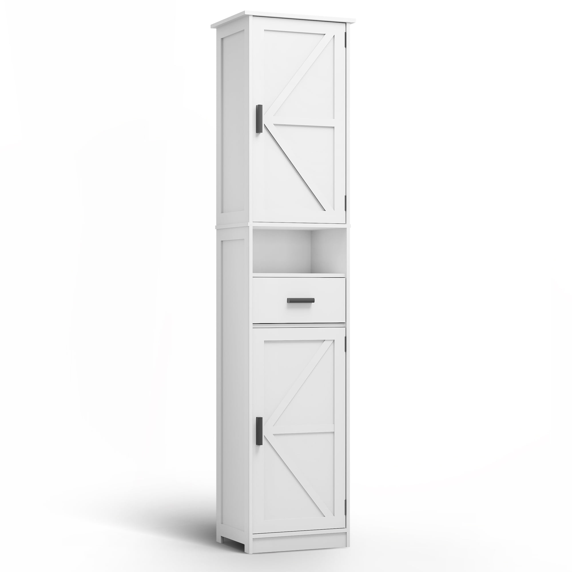 PORKISS Floor Storage Cabinet, Wood Pantry Cabinet with Doors and Drawer, Freestanding Narrow Bathroom Storage Organizer with Adjustable Shelves for Kitchen, Bathroom, Living Room, White - Image 3