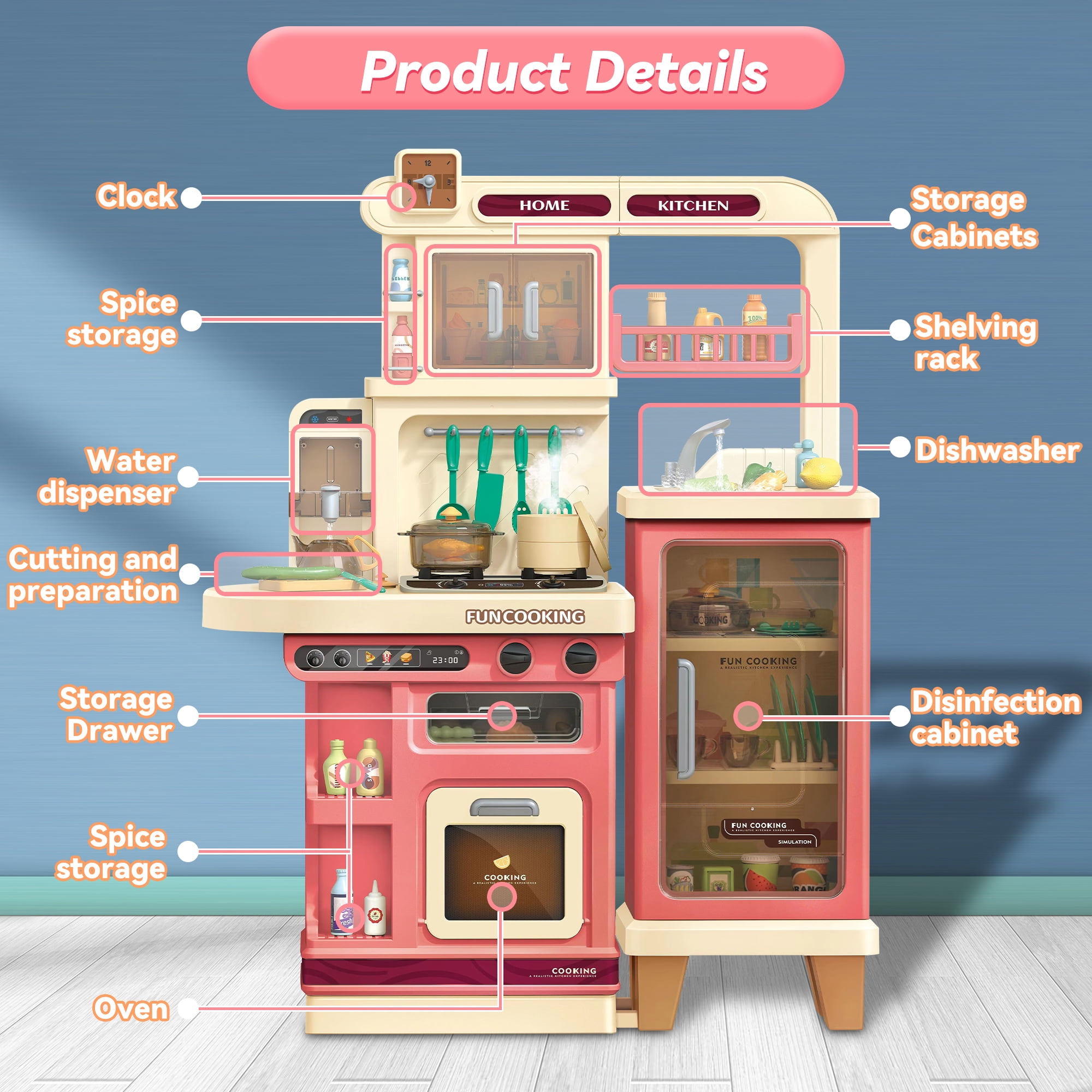 Lookfly 40.6 Inch Play Kitchen Set for Kids, Large Pretend Play Kitchen with Realistic Lights and Sounds, Simulation of Spray for Toddlers Girls Boys Gift ,Pink - Image 8