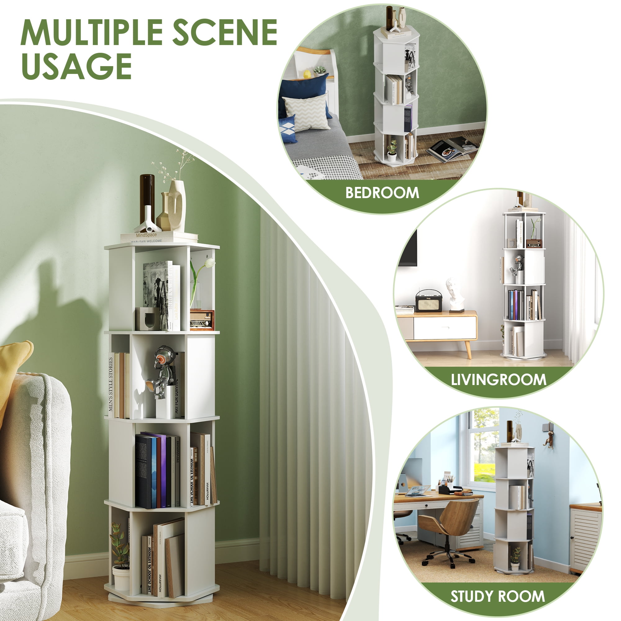 tonchean 4 Tier 360° Rotating Bookshelf, 52"H Floor Standing Bookcase Organizer Rack for Study Gift, White Wood - Image 2