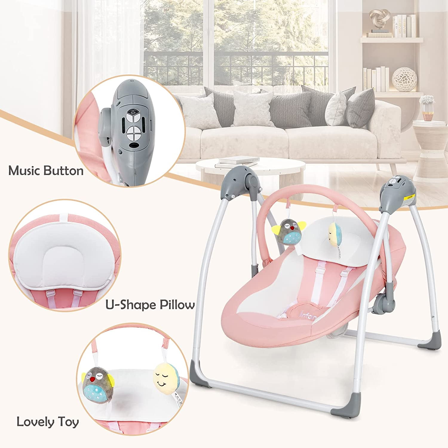OLAKIDS Baby Swing for Infants, Compact Portable Baby Electric Rocker Chair for Newborn with 5 Speed Natural Sway Music Timing 2 Toys Remote Control, 0-6 Months Boy Girl (Pink) - Image 9