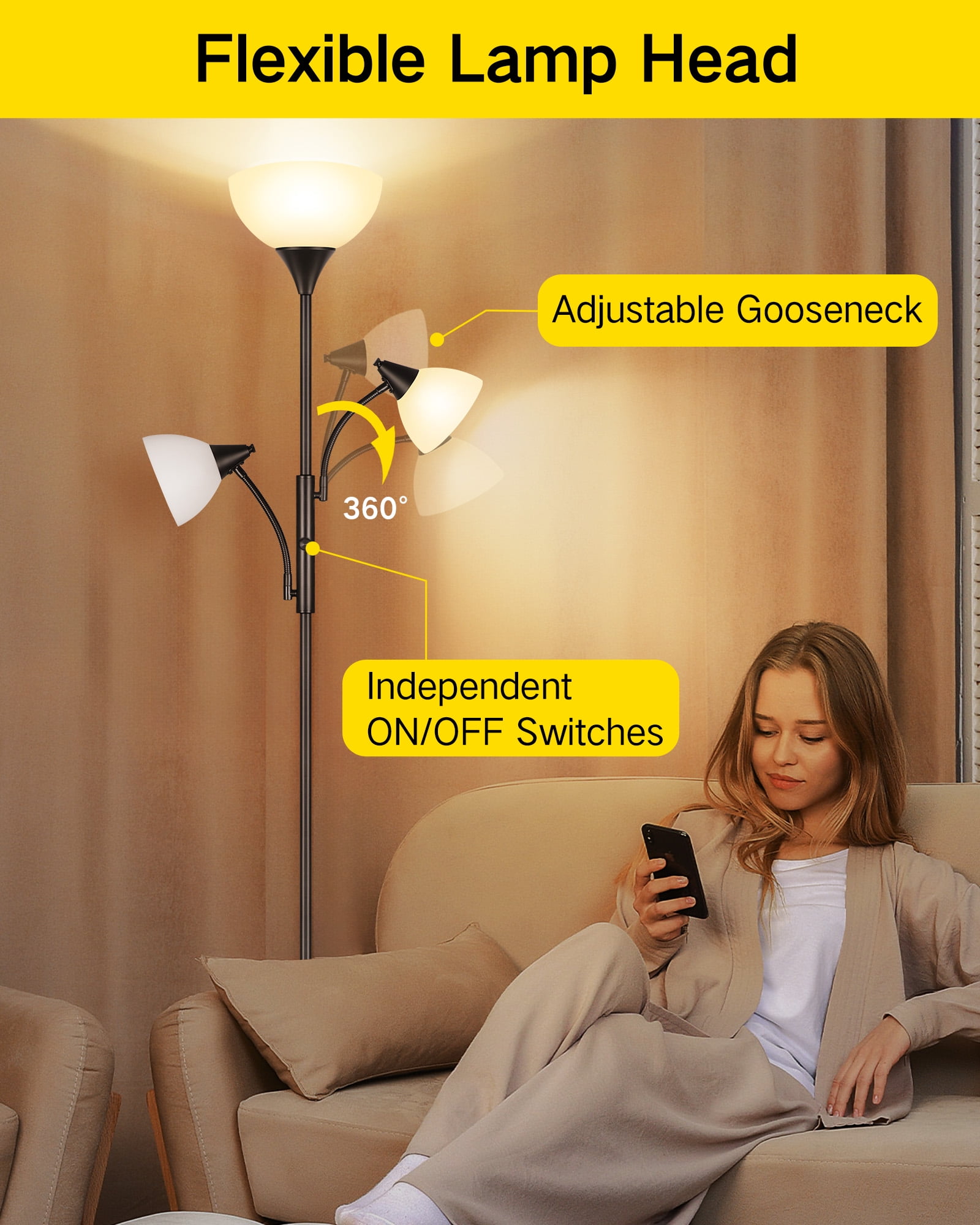 OUTON Torchiere Floor Lamp with Reading Light for Living Room, LED Standing Lampwith Remote Control for Bedroom, Modern Tall Reading Light, Black - Image 3