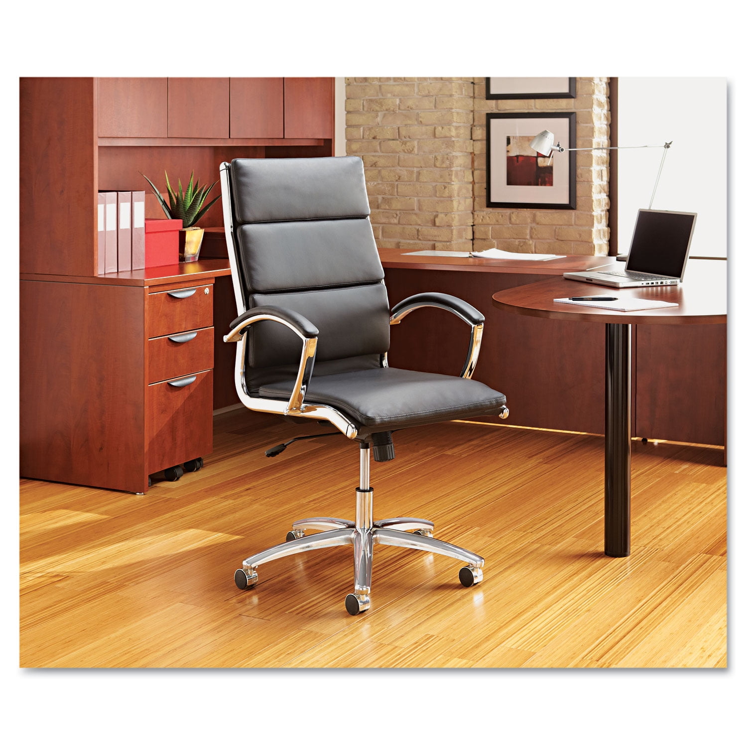 Alera Neratoli Mid-Back Slim Profile Chair, Faux Leather, Supports Up to 275 lb, Black Seat/Back, Chrome Base - Image 4