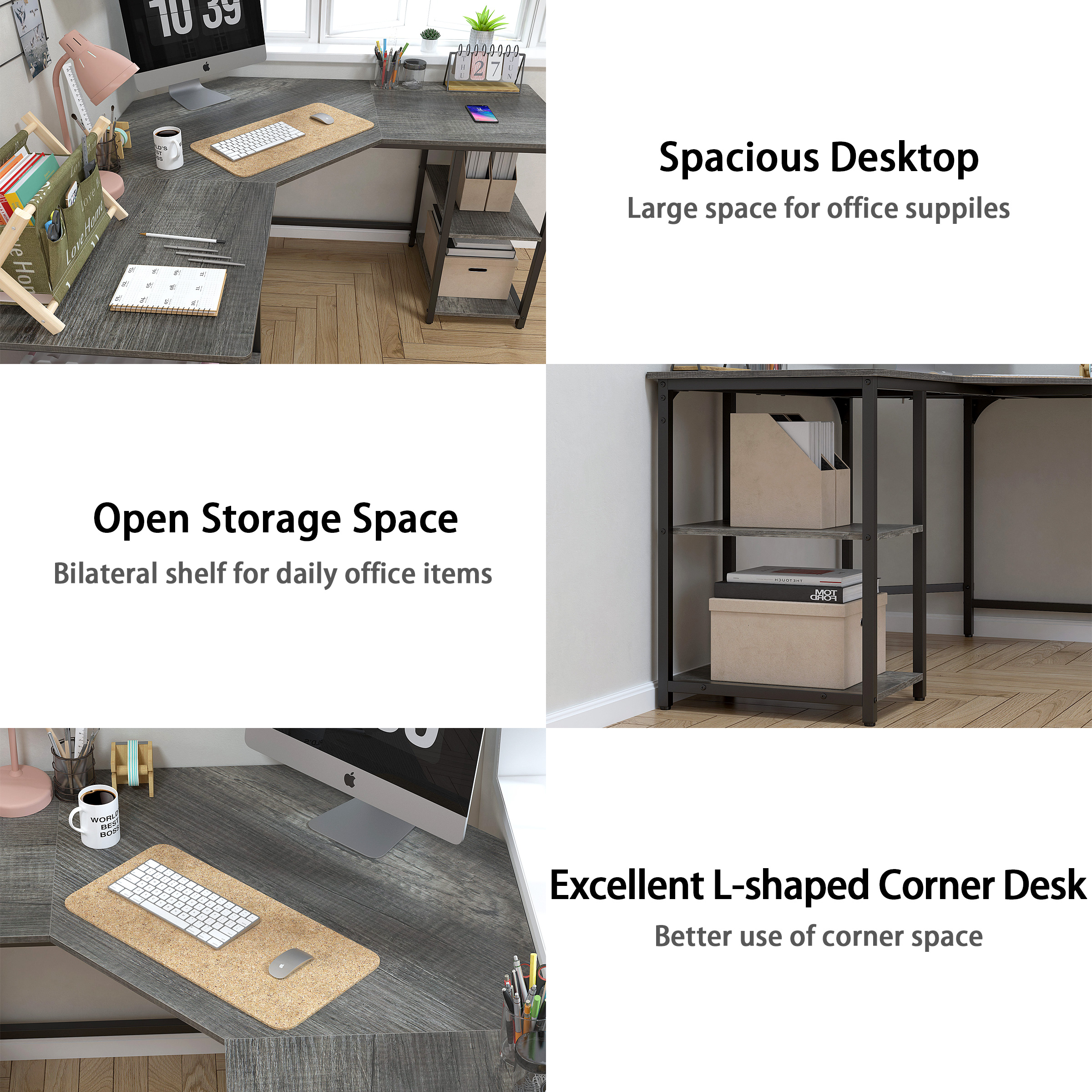 Yoneston L-Shaped Desk with Double Shelves, Large Computer Corner Desk Home Office Workstation PC Laptop Table with Storage - Boak - Image 6