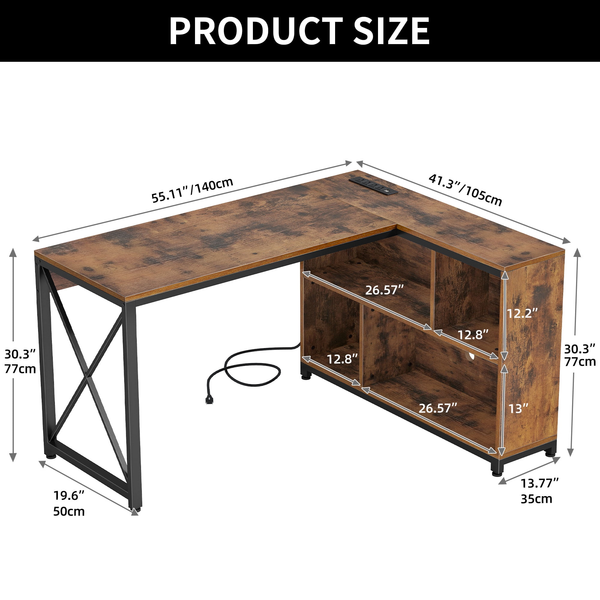 Dextrus L Shaped Desk with LED Light & Power Outlets, 55 Inch Reversible Corner Desk with Storage Shelves, Computer Desk Office Desk Executive Desk Writing Desk for Home Office, Brown - Image 7