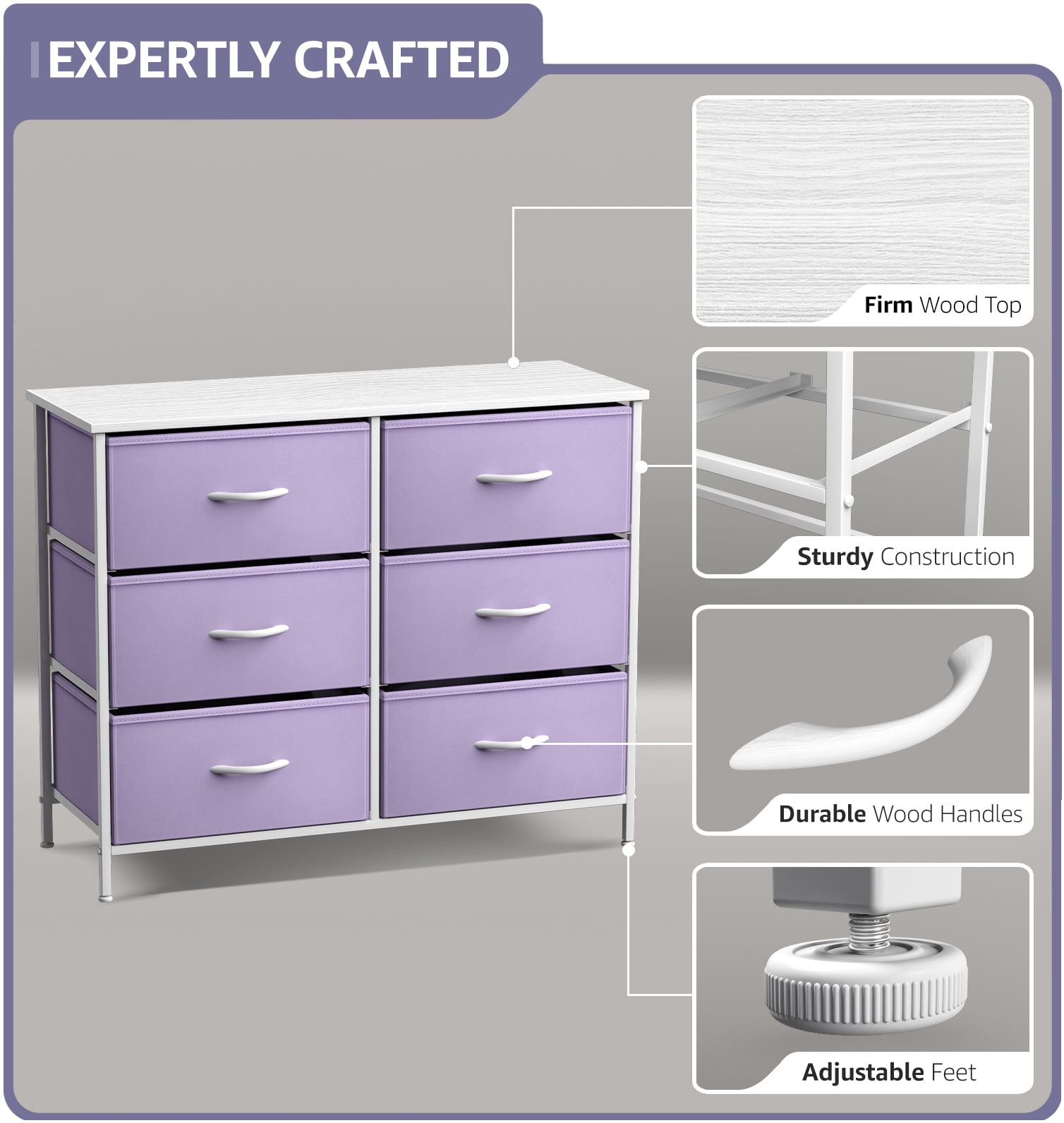 Sorbus 6 Fabric Bin Drawer Dresser - Cube Storage for Bedroom, Hallway, Office - (Pastel Purple) - Image 7
