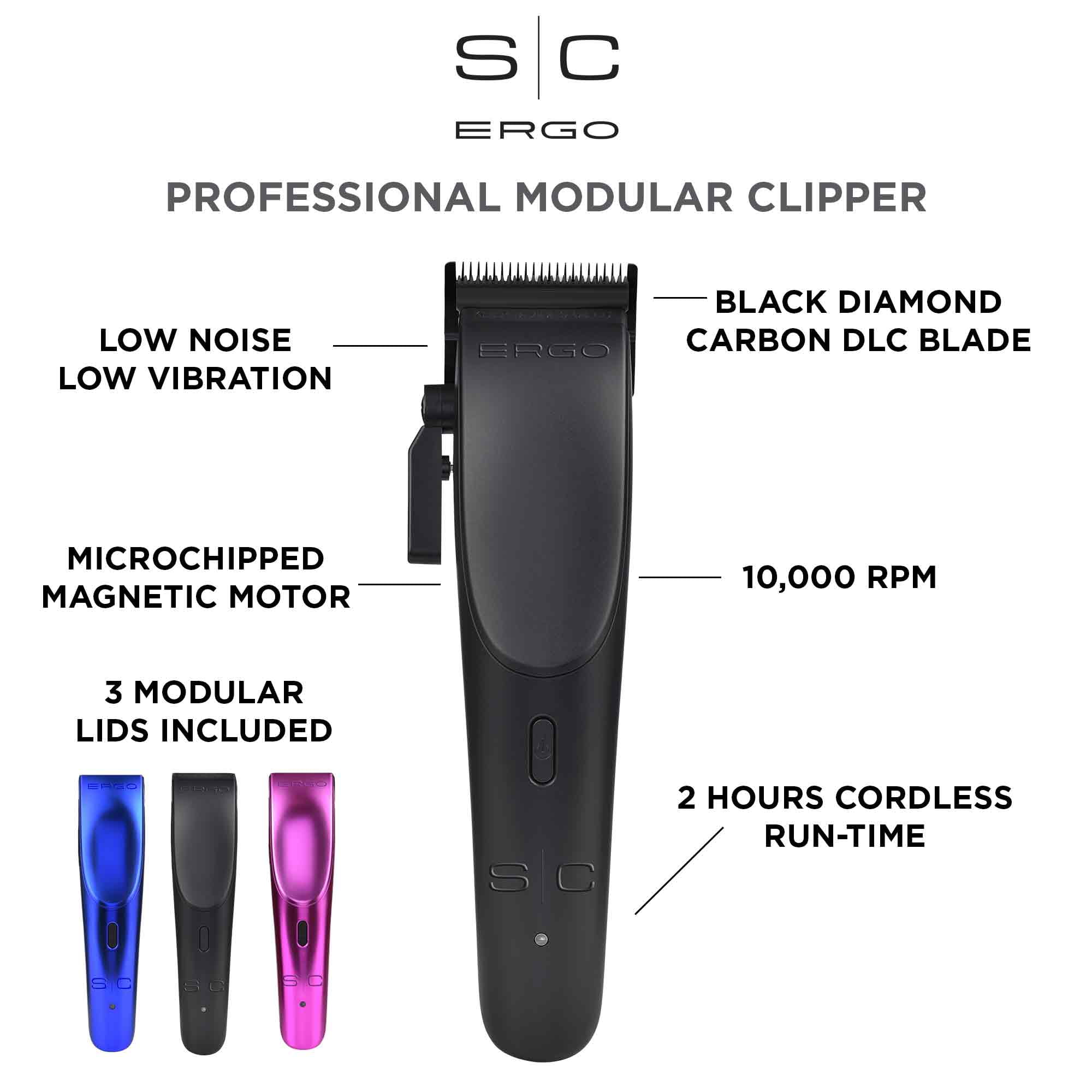 StyleCraft Ergo Professional Microchipped Magnetic Motor Modular Cordless Hair Clipper, Black Pink and Blue Customizable Lids - Image 4