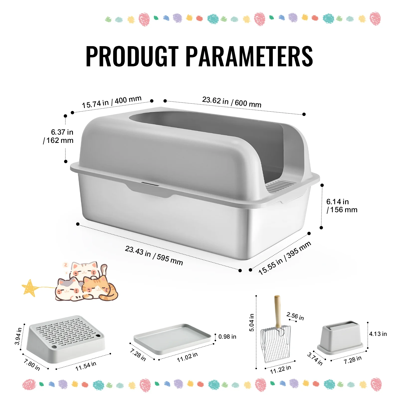 KFFKFF Feline Litter Container, Depth of 6 inches, Oversized Stainless Steel Feline Litter Container with Shovel, Broad Sieve-like Base & Tall Edges, Sealed Smell-Resistant Simple-to-Sanitize - Image 9