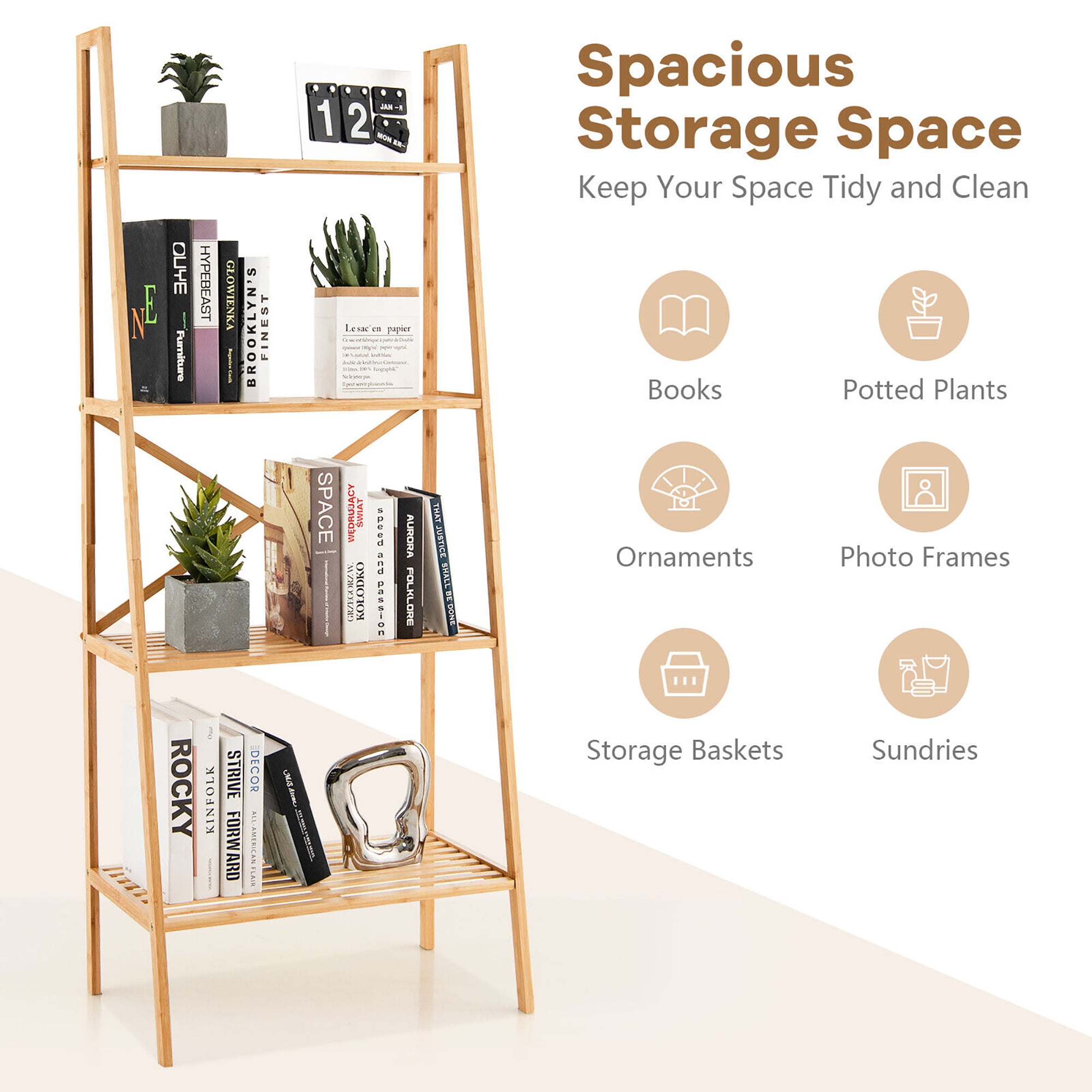 Gymax 4-Tier Bamboo Ladder Bookshelf 58'' Display Shelf Storage Rack Plant Flower Stand - Image 7