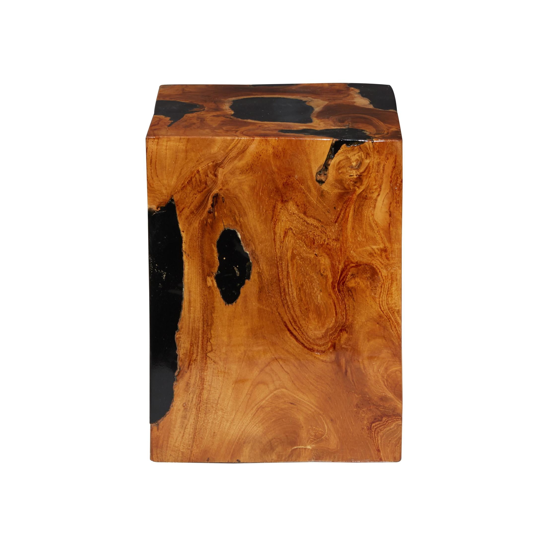 DecMode 12" x 15" Brown Teak Wood Block Abstract Accent Table with Black Resin Inlay, 1-Piece - Image 9