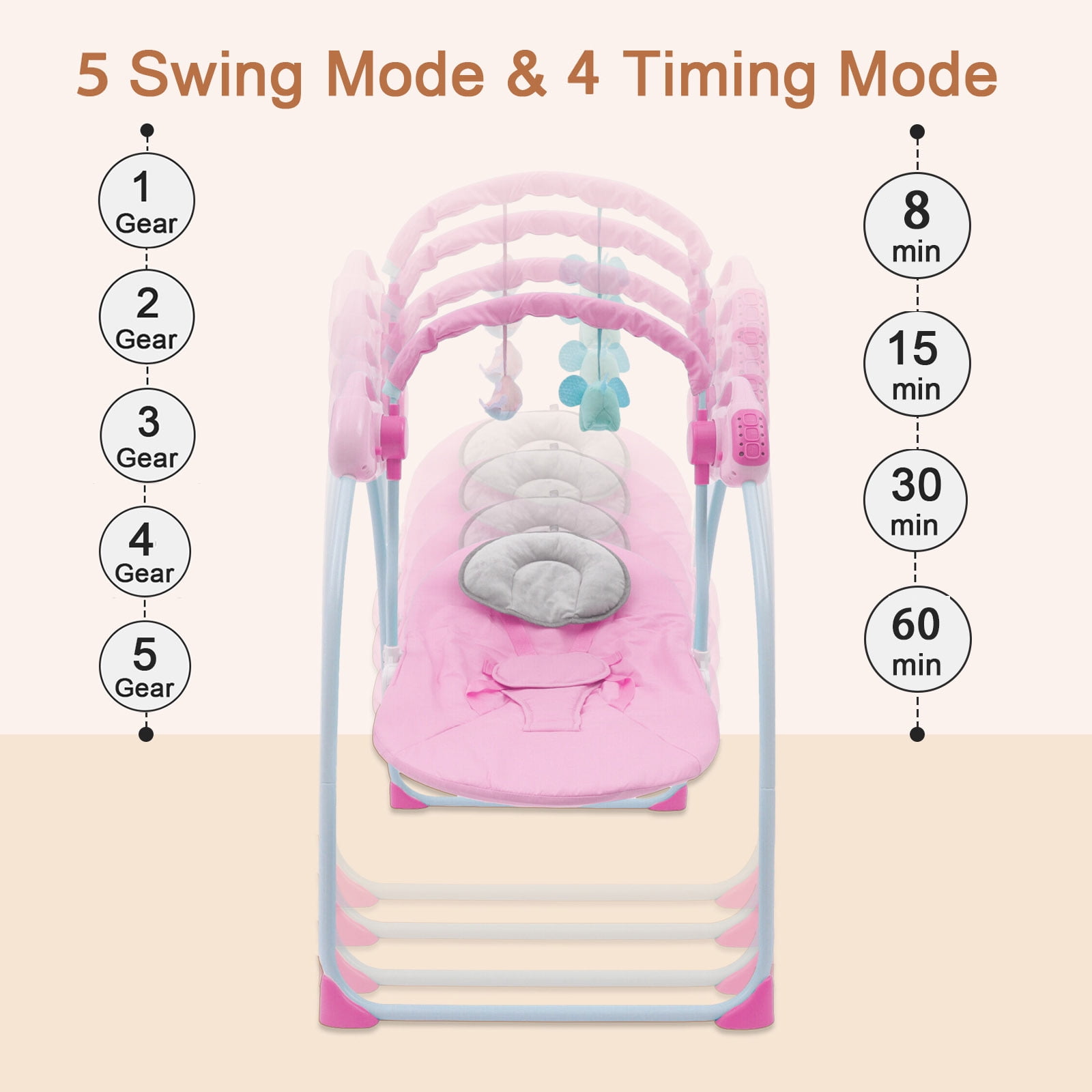 ANJORALA Baby Swings for Infants Toddler, Portable Newborn Swing Bouncer, Bluetooth(Pink) - Image 9