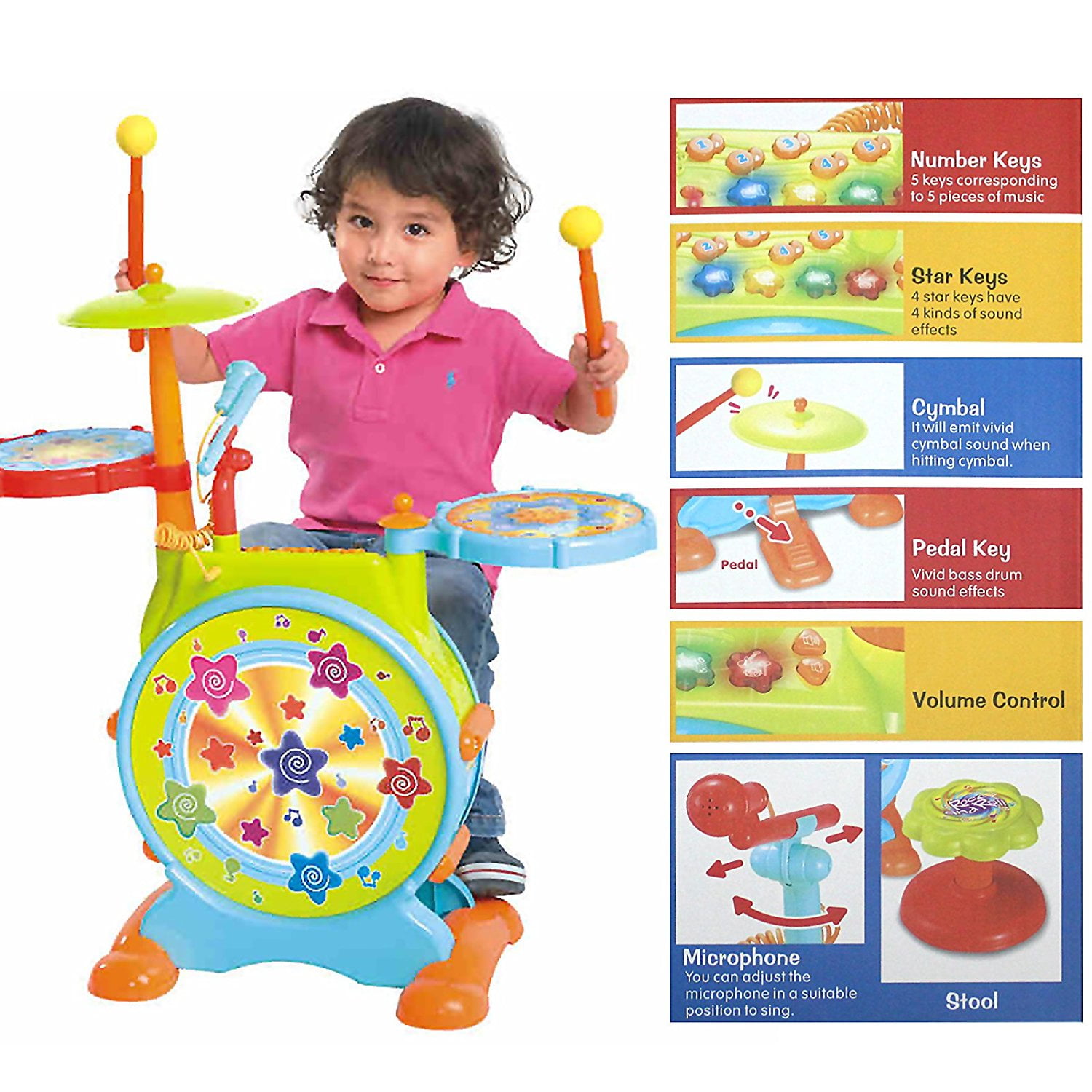 Play Baby Musical Big Toy Kids Drum Set With Adjustable Mic And Seat - Many Functions And Activities For Hours Of Play - Pretend To Be A Real Drummer With Drumsticks, Pedals, And Bass Drum - Image 4