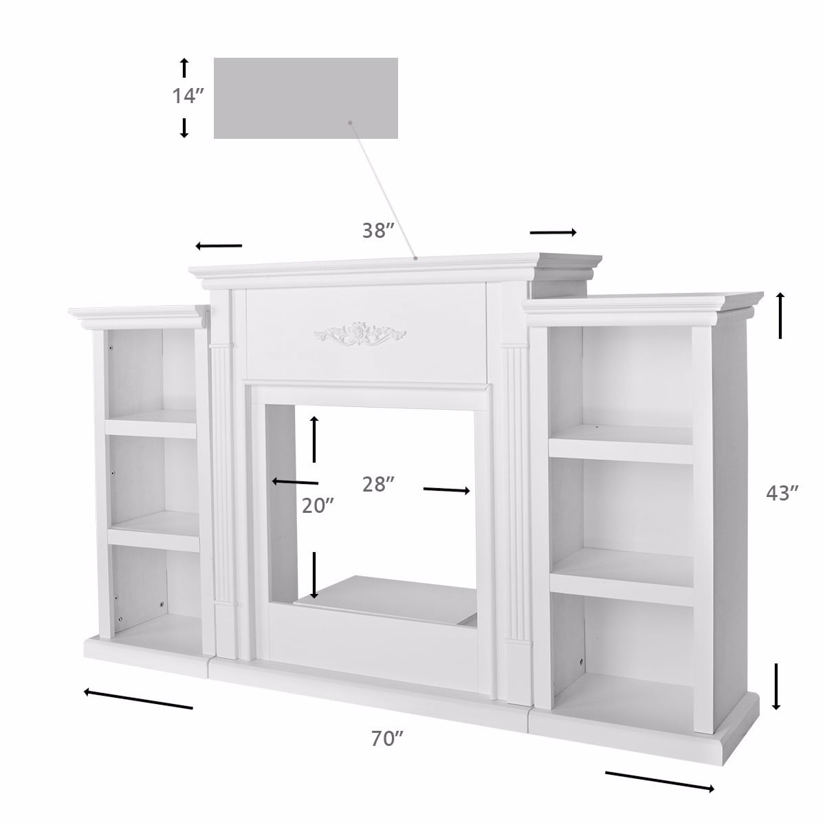 Barton 70” Freestanding Mantel Stand for 28” Electric Fireplace, Modern Media Fireplace Cabinet with Storage Shelves, White - Image 6