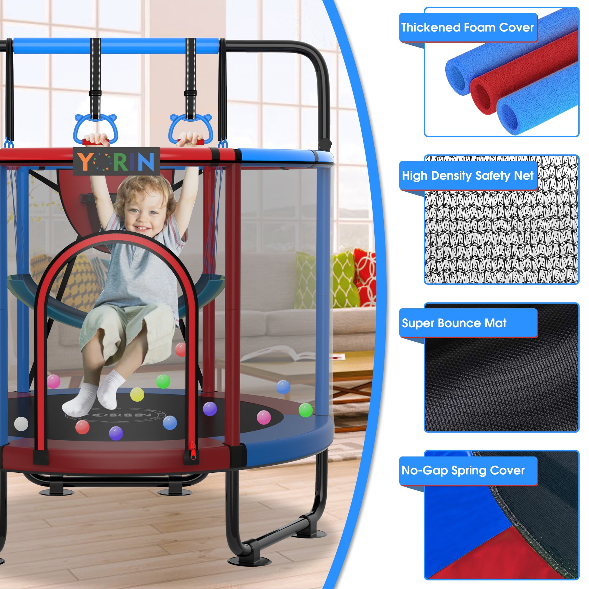 YORIN Trampoline for Kids, 60" 55" 66" Toddler Mini Trampoline with Enclosure Net, Basketball Hoop, 5FT Indoor/Outdoor Kids Trampoline with Swing, Adjustable Gymnastics Bars, Gifts for Kids, 600LBS - Image 3