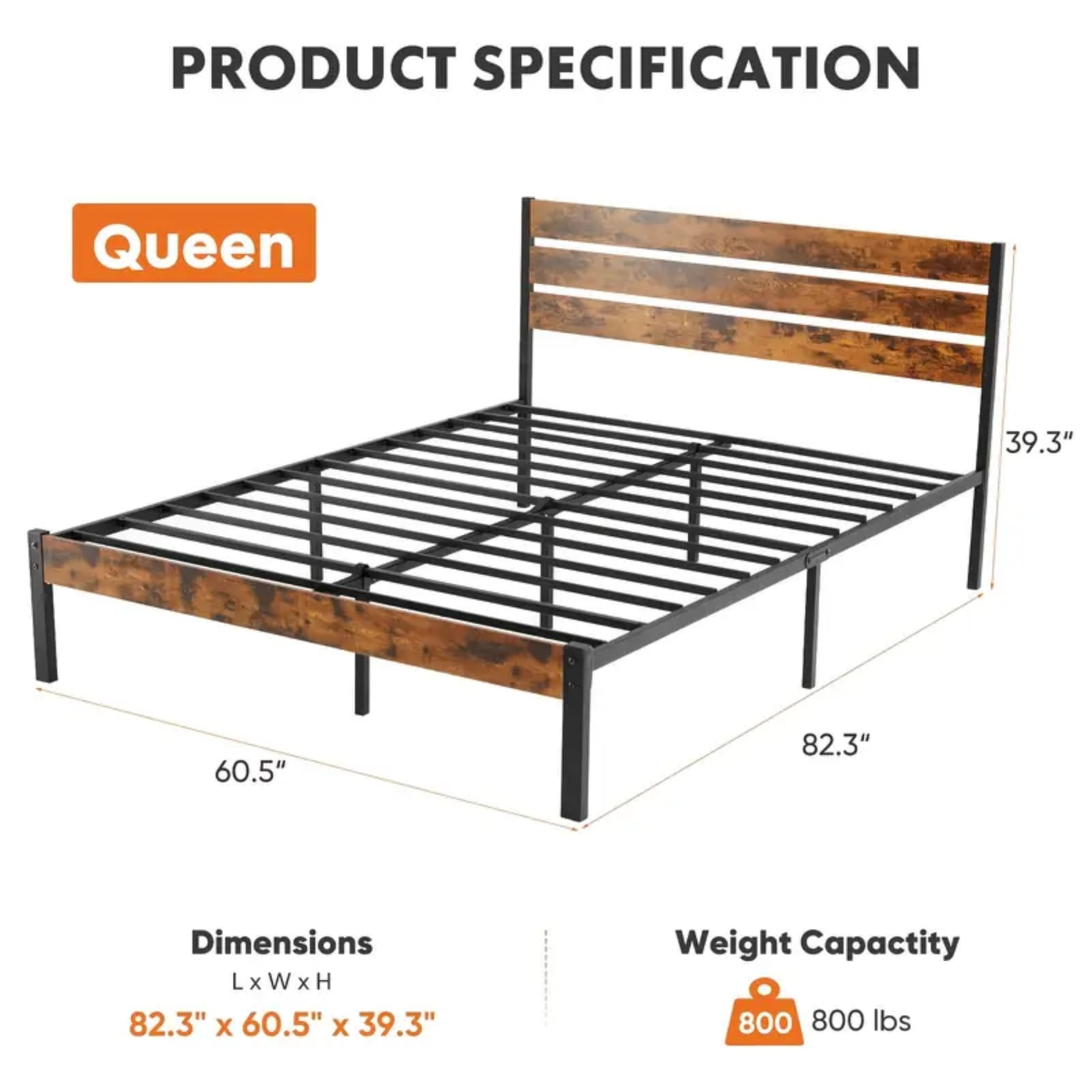 CONCETTA Queen Size Bed Frame with Headboard, Solid and Stable, No Box Spring Needed, Easy Assembly - Image 3