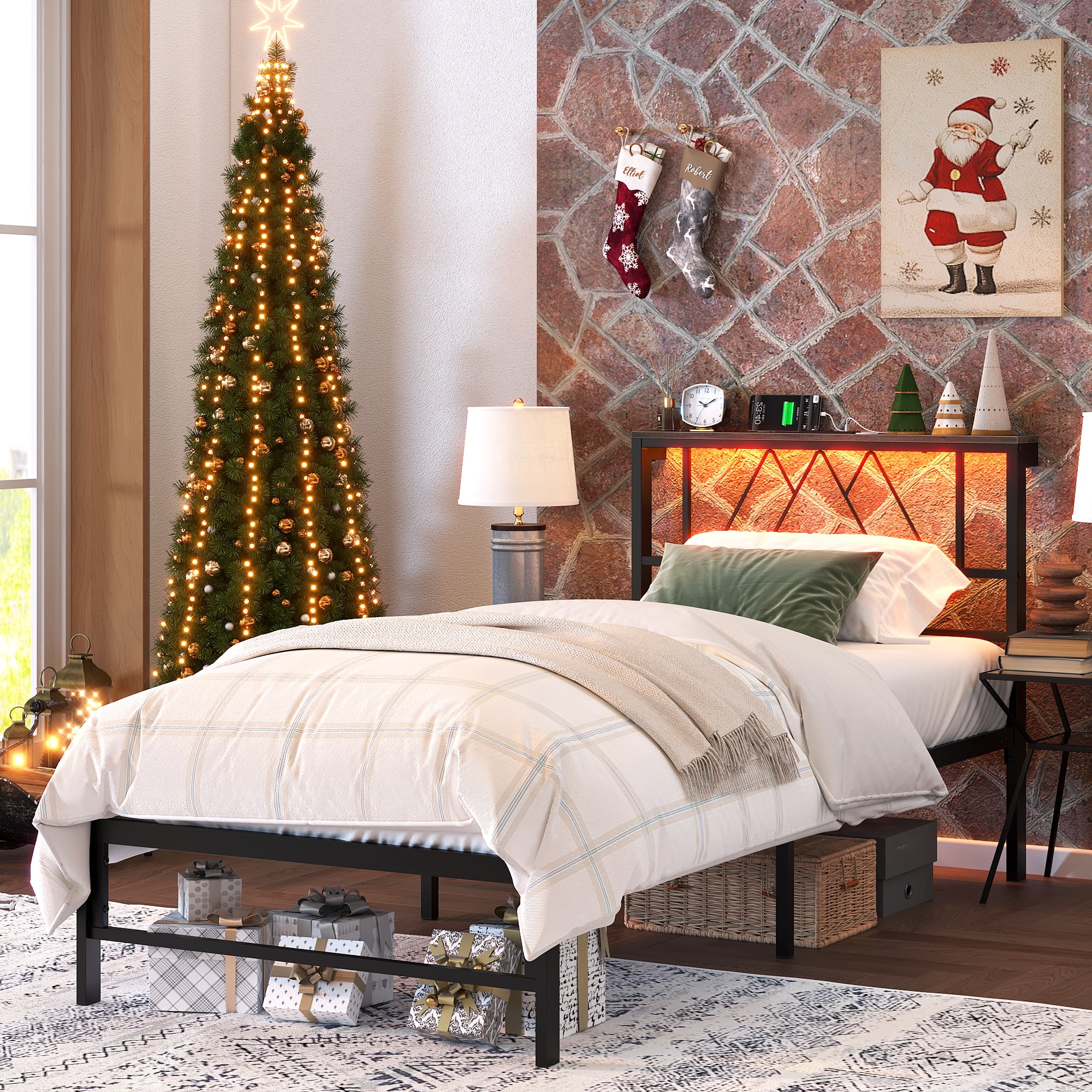 Yoneston Twin Size Platform Bed Fame with LED and Charging Station Storage Headboard No Box Spring Need for Kids Furniture, Black - Image 8