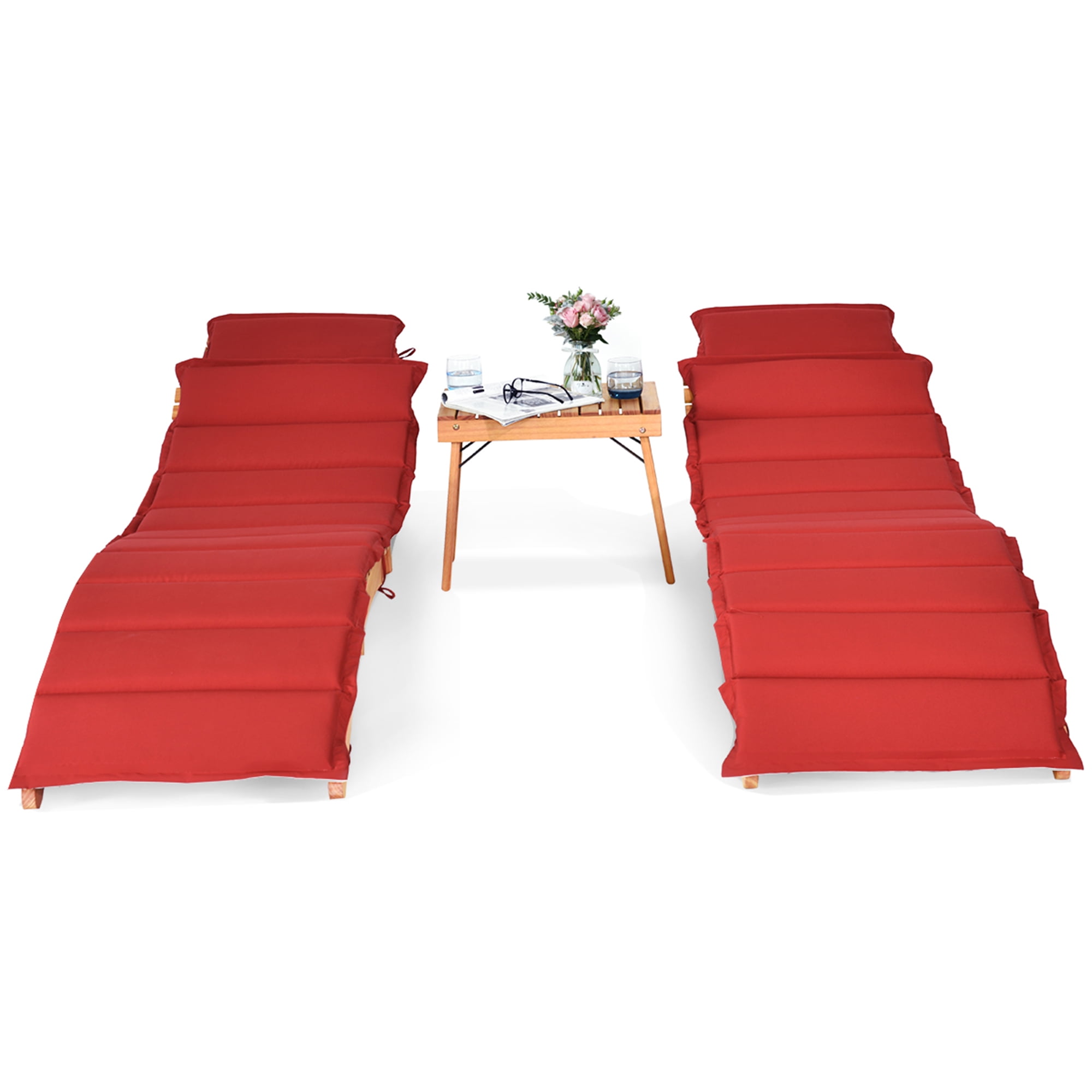 Costway 3PCS Wooden Folding Lounge Chair Set Cushion Pad Pool Deck - Image 8