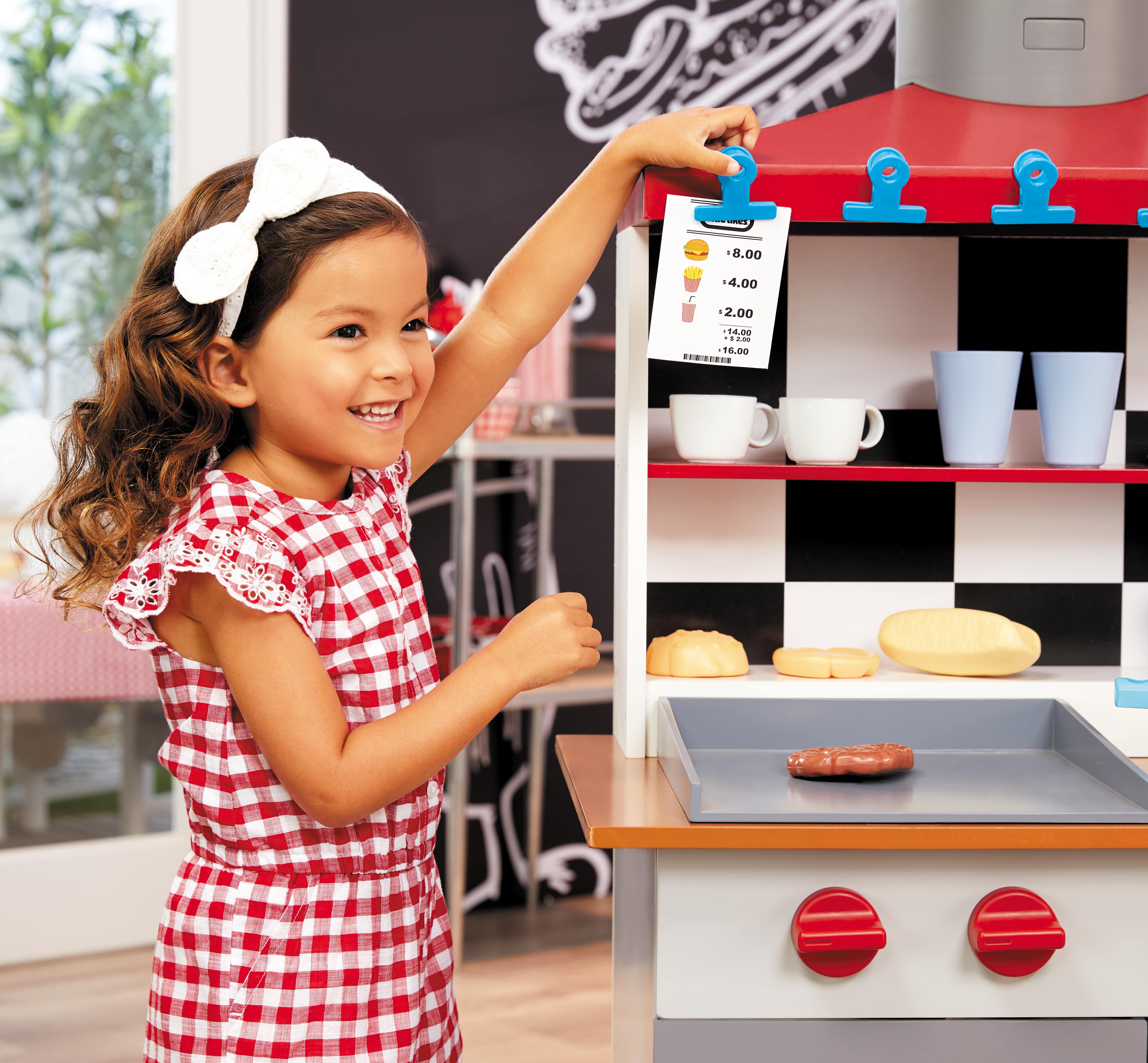 Little Tikes Real Wood Drive-Thru Diner 40-Piece Wooden Pretend Play Kitchen Toys Playset, Realistic Lights & Sounds, Dual-Sided Play, Multi-Color- For Kids Girls Boys Ages 3 4 5+ - Image 5