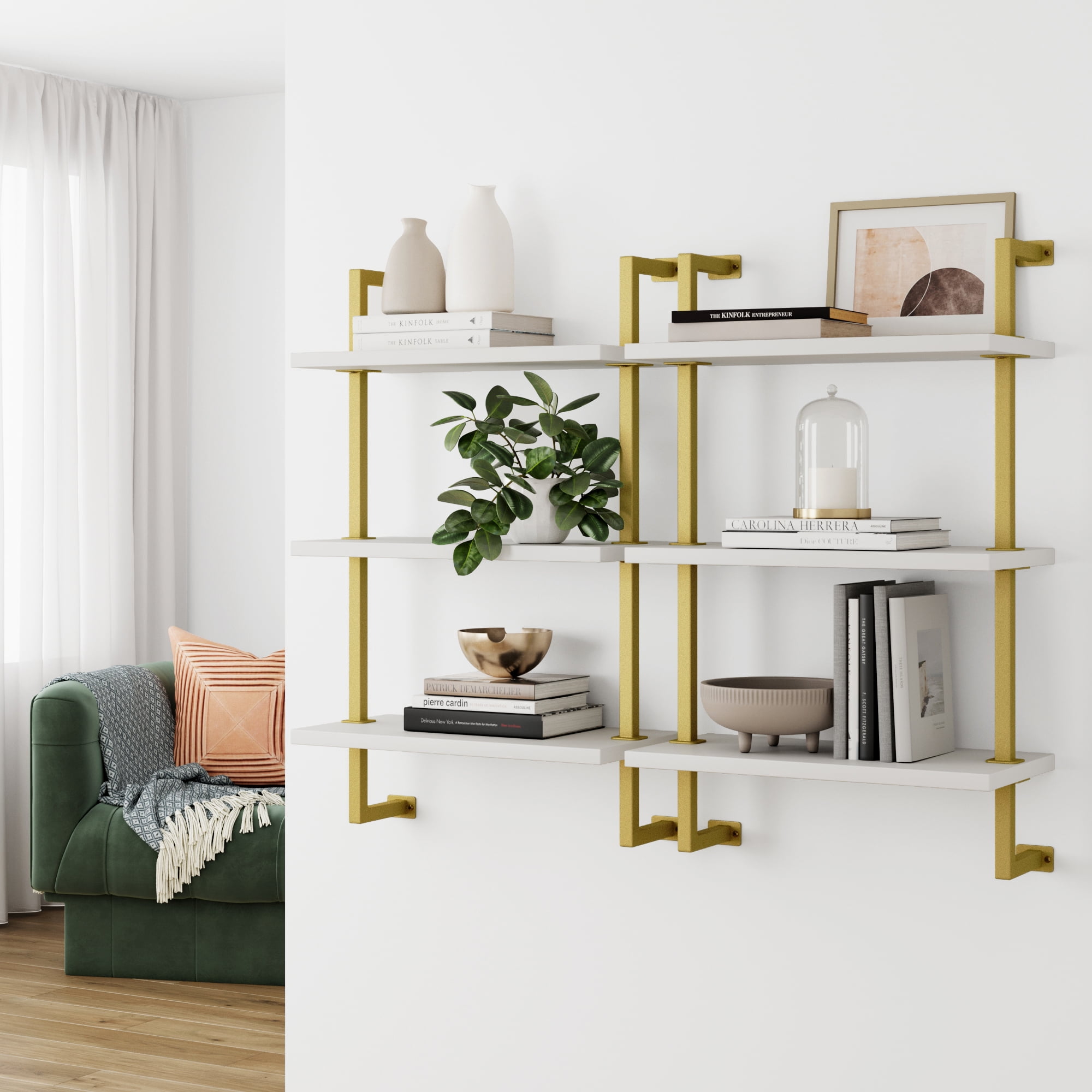 Nathan James Theo 3-Shelf Bookcase Floating Wall Mount White Wood with Gold Brass Metal Frame - Image 4