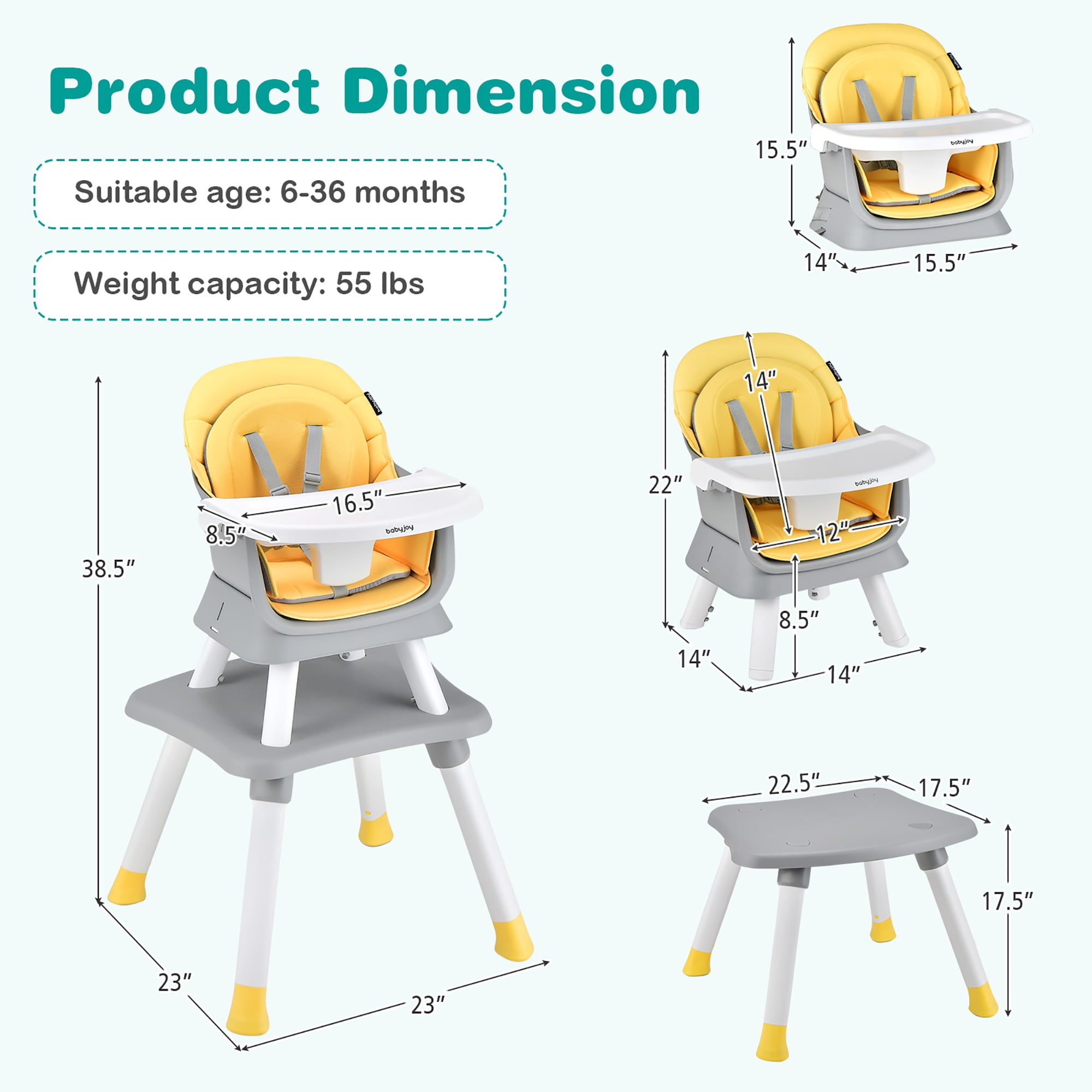 Babyjoy 8-in-1 unisex Baby High Chair Convertible Dining Booster Seat with Removable Tray Yellow - Image 4