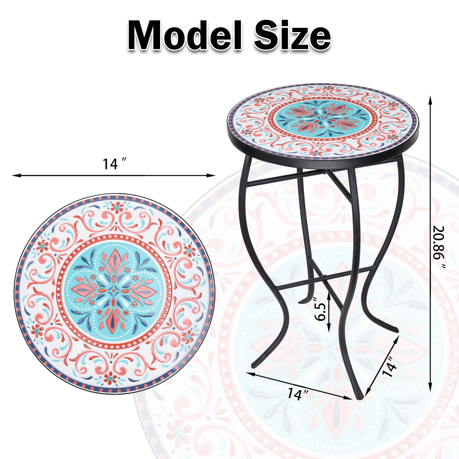 Outdoor Side Table-Patio End Table-14'' Round Accent Table Mosaic Glass Metal Side Table Garden Balcony Indoor Coffee Table - Image 2