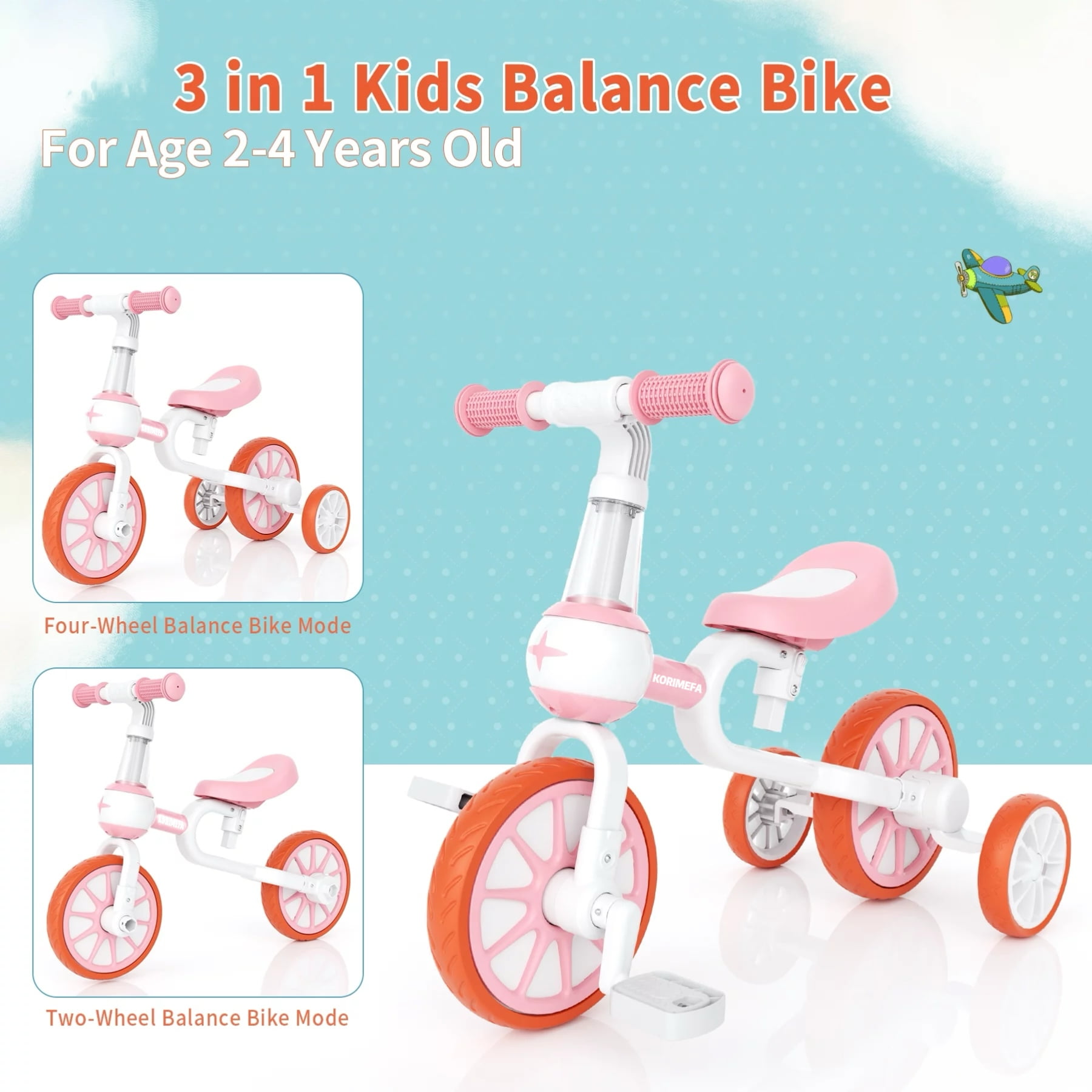 KORIMEFA 3-in-1 Kids Tricycle, Toddler Bike for Ages 1-4 Boy Girl, Pink - Image 10