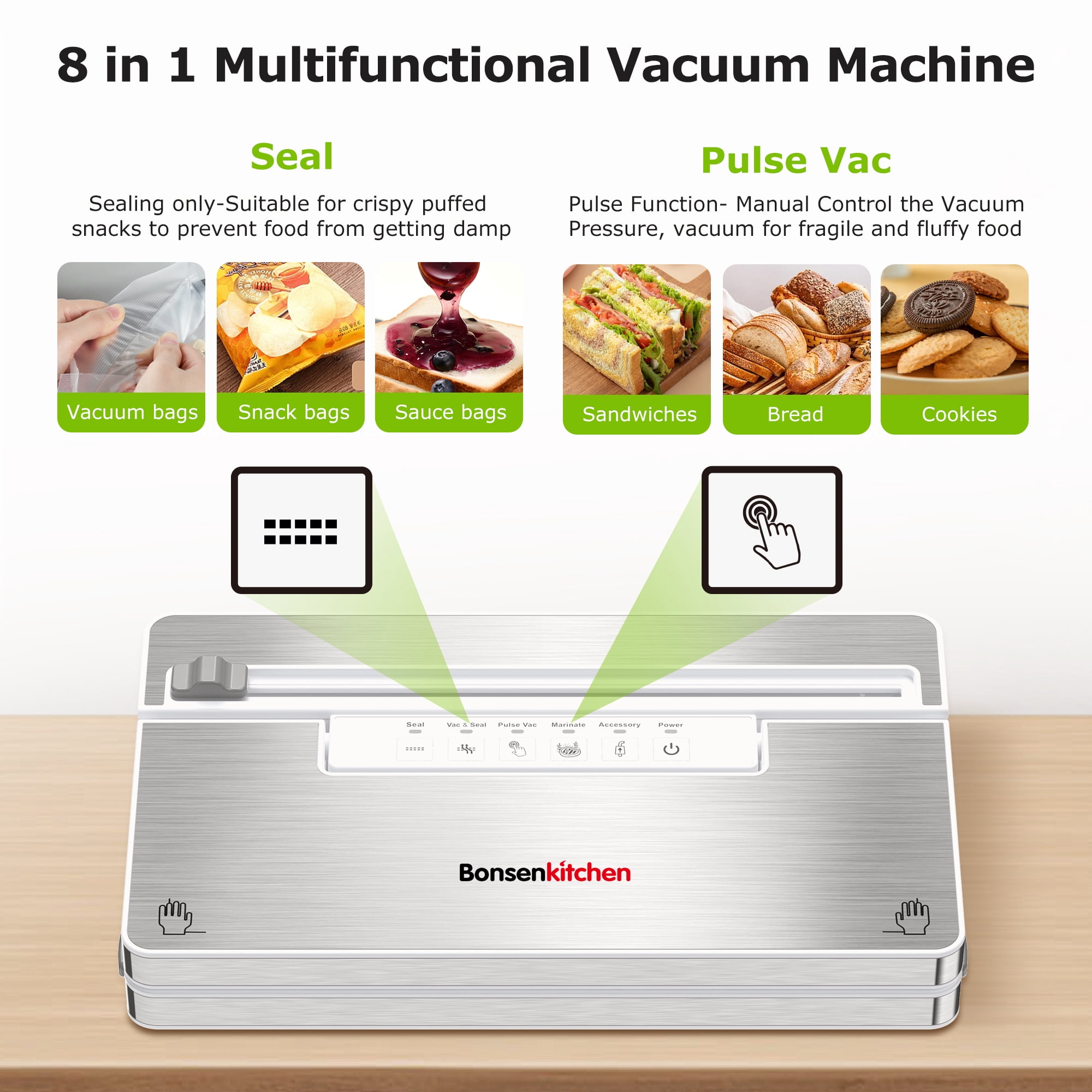 Bonsenkitchen Vacuum Sealer, Stainless Steel Food Sealer with Built-in Cutter and Bag Storage, include 1 Roll Bag & Vacuum Bags - Image 3