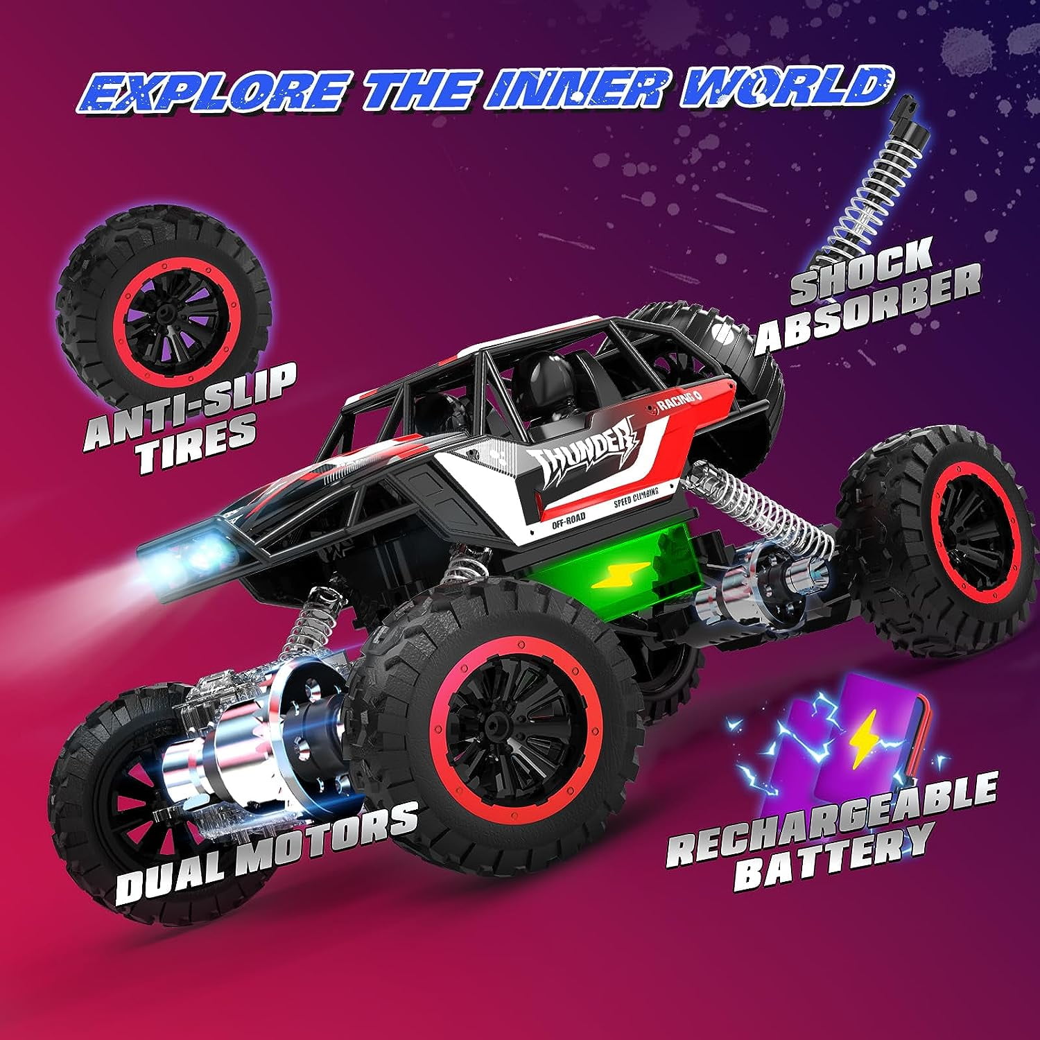 1:12 RC Cars 4WD off Road 2.4Ghz RC Monster Truck with Metal Shell and Light, Remote Control Car Crawler for Adult and Kid, 2 Batteries, Red - Image 5