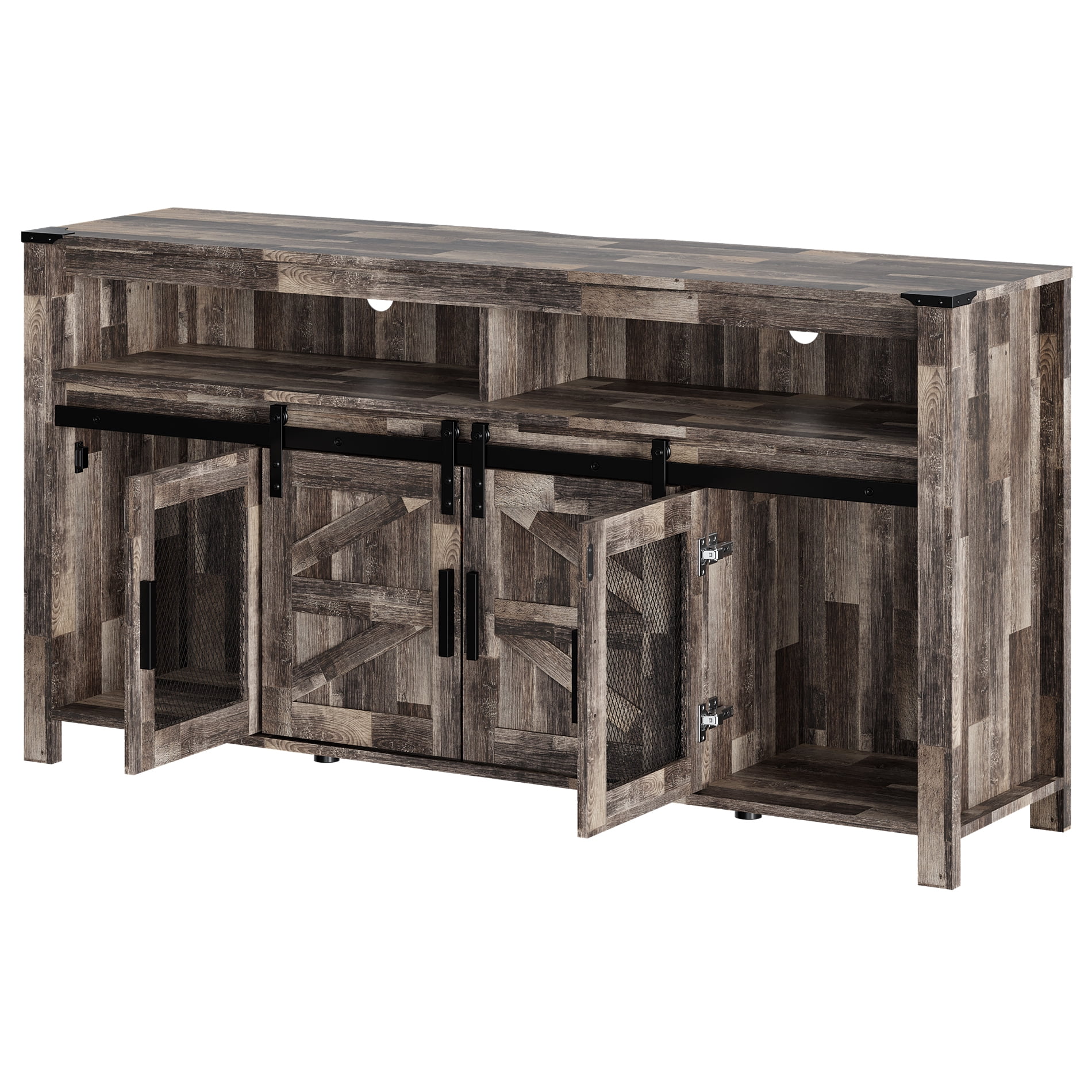 Tall TV Stand with Blue LED Lights Strips for 65 inch TVs, Farmhouse Media Console Table with Mesh and Barn Doors for Bedroom, Living Room, Dark Rustic Oak, 59x15.4x31 - Image 2