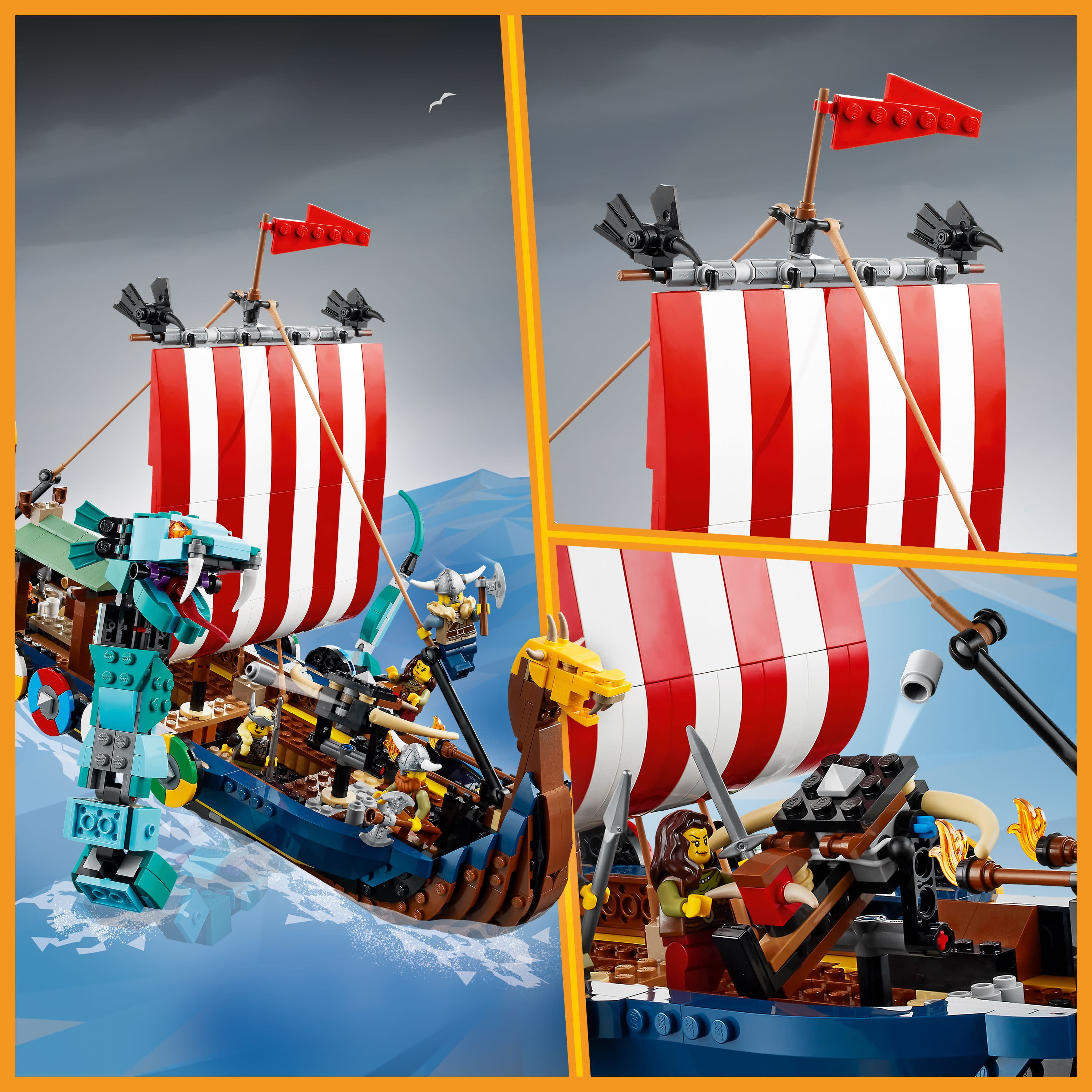 LEGO Creator 3 in 1 Viking Ship and the Midgard Serpent, Transforms from Amazing Ship to Viking House or Fenris Wolf Figure, Gifts for Kids, Boys, and Girls, 31132 - Image 2
