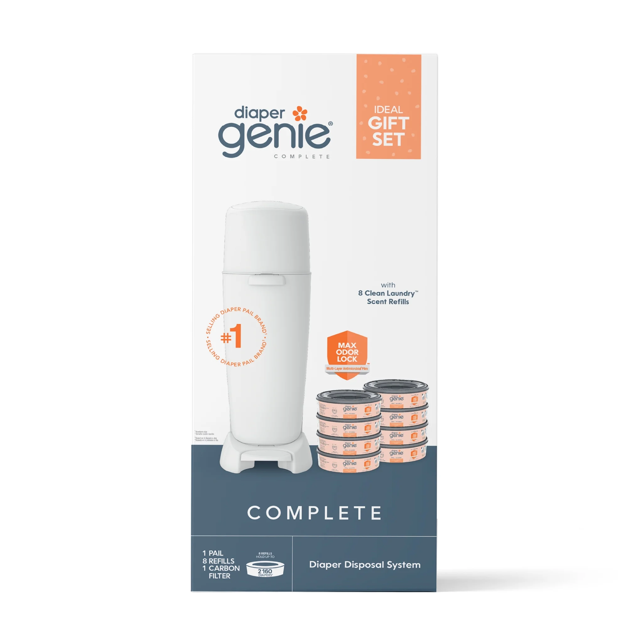 Diaper Genie Complete Gift Set,White,1 Diaper Pail,8 Clean Laundry Scent,Round Refills-2160 Ct - Image 9