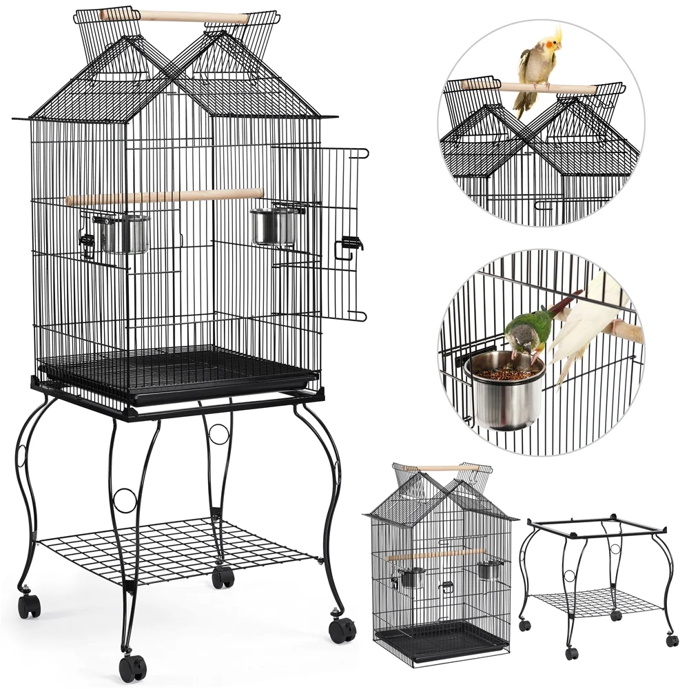 Alden Design 57" Rolling Metal Parrot Cage Bird with Open Top, Black - Image 9