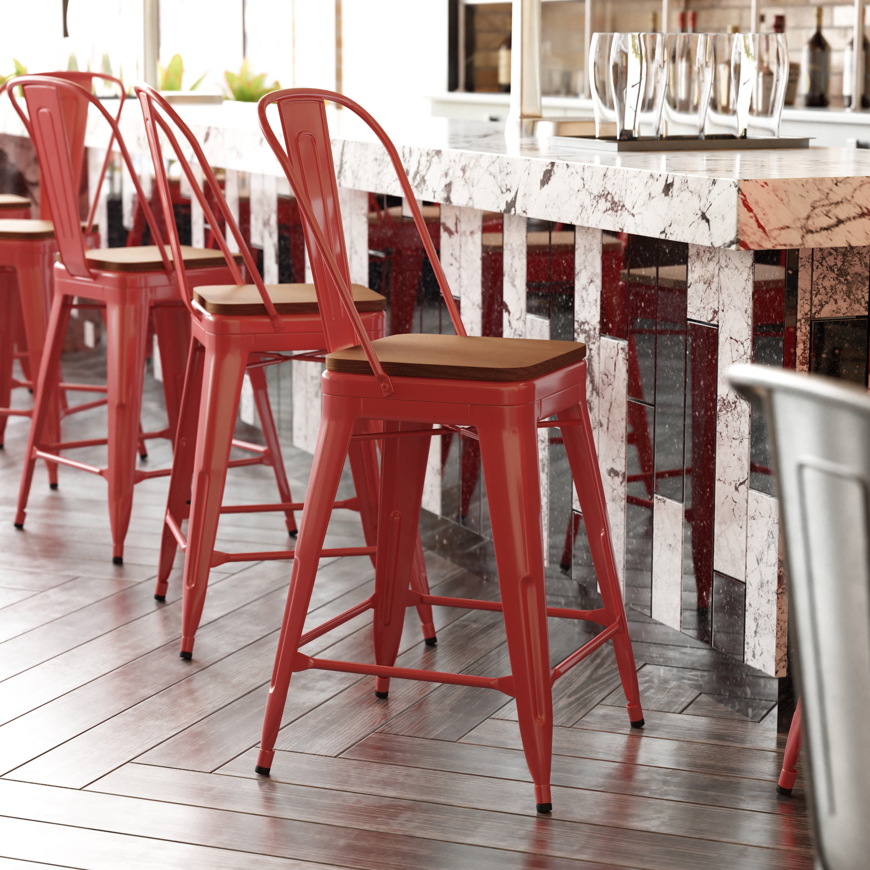 24" Red Stool-Teak Seat - Image 10